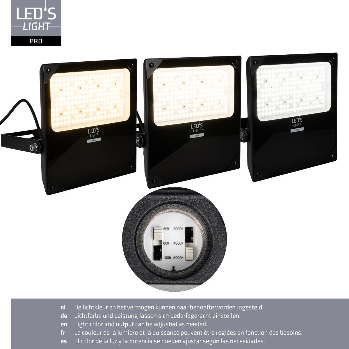 LED's Light pro Schijnwerper floodlight - CCT - 100W 14000lm 3000K/4000K/5000K - Sosen voeding - Zwart - IP66 IK08 Vermogen verstelbaar Schijnwerpers LED.nl