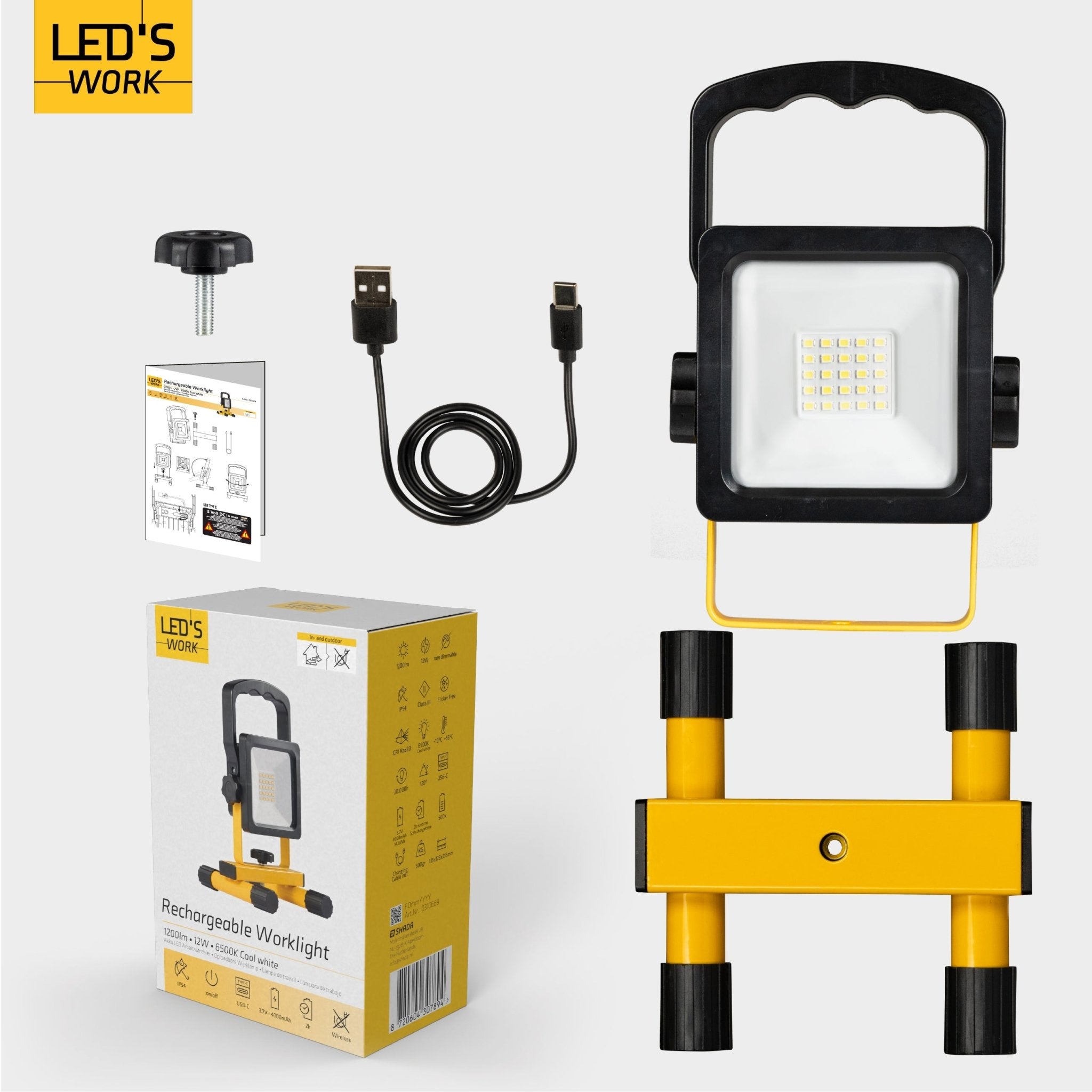 LED's Work draadloze LED Werklamp op accu 1200lm - Oplaadbaar en kantelbaar - Zwart geel Werklampen LED.nl