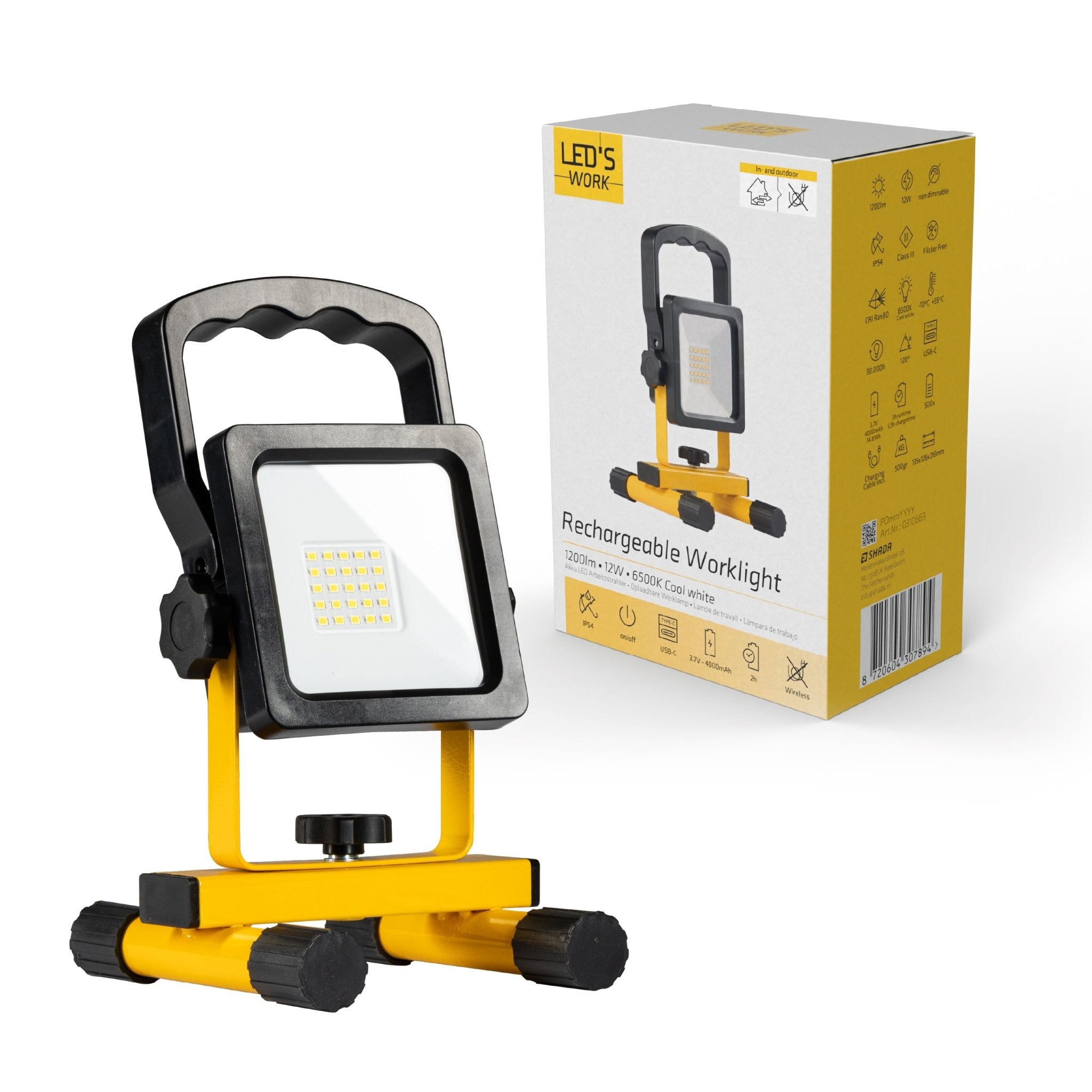LED's Work draadloze LED Werklamp op accu 1200lm - Oplaadbaar en kantelbaar - Zwart geel Werklampen LED.nl