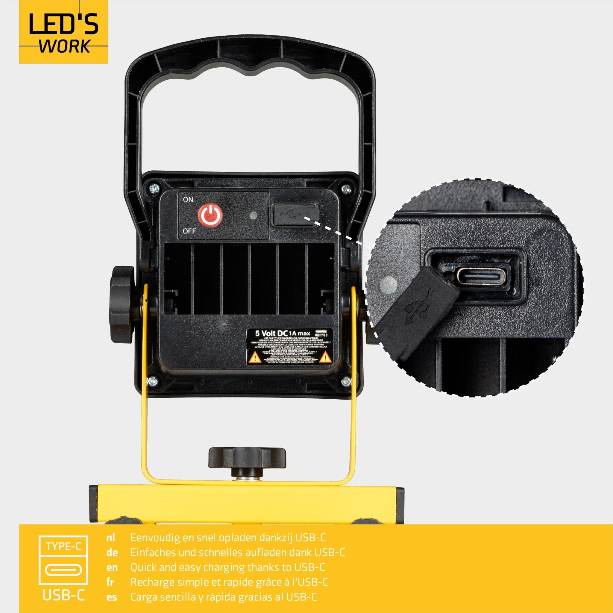 LED's Work draadloze LED Werklamp op accu 1200lm - Oplaadbaar en kantelbaar - Zwart geel Werklampen LED.nl