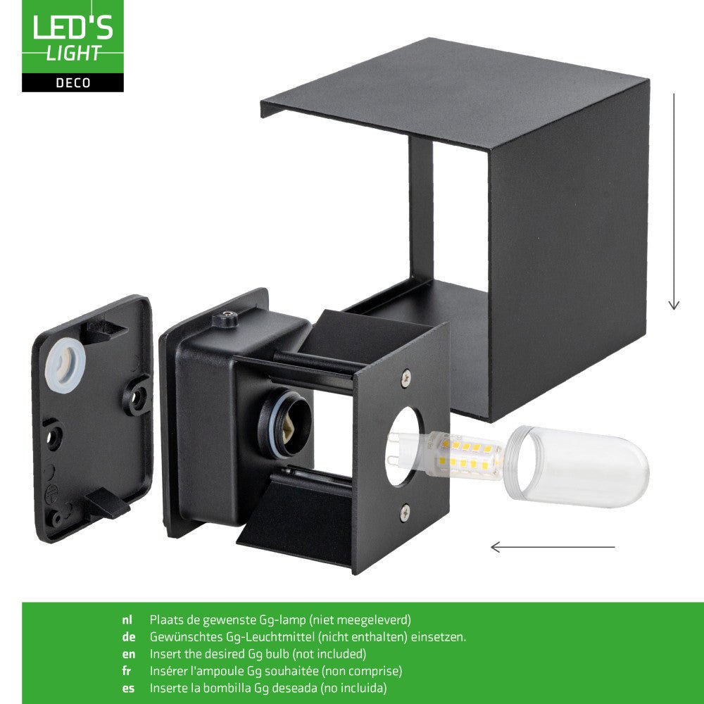Lumo Cube Zwart - Wandarmatuur zonder lichtbron - Excl 1xG9 - IP65 Wandlampen LED.nl