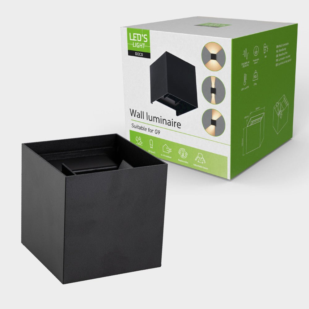 Lumo Cube Zwart - Wandarmatuur zonder lichtbron - Excl 1xG9 - IP65 Wandlampen LED.nl