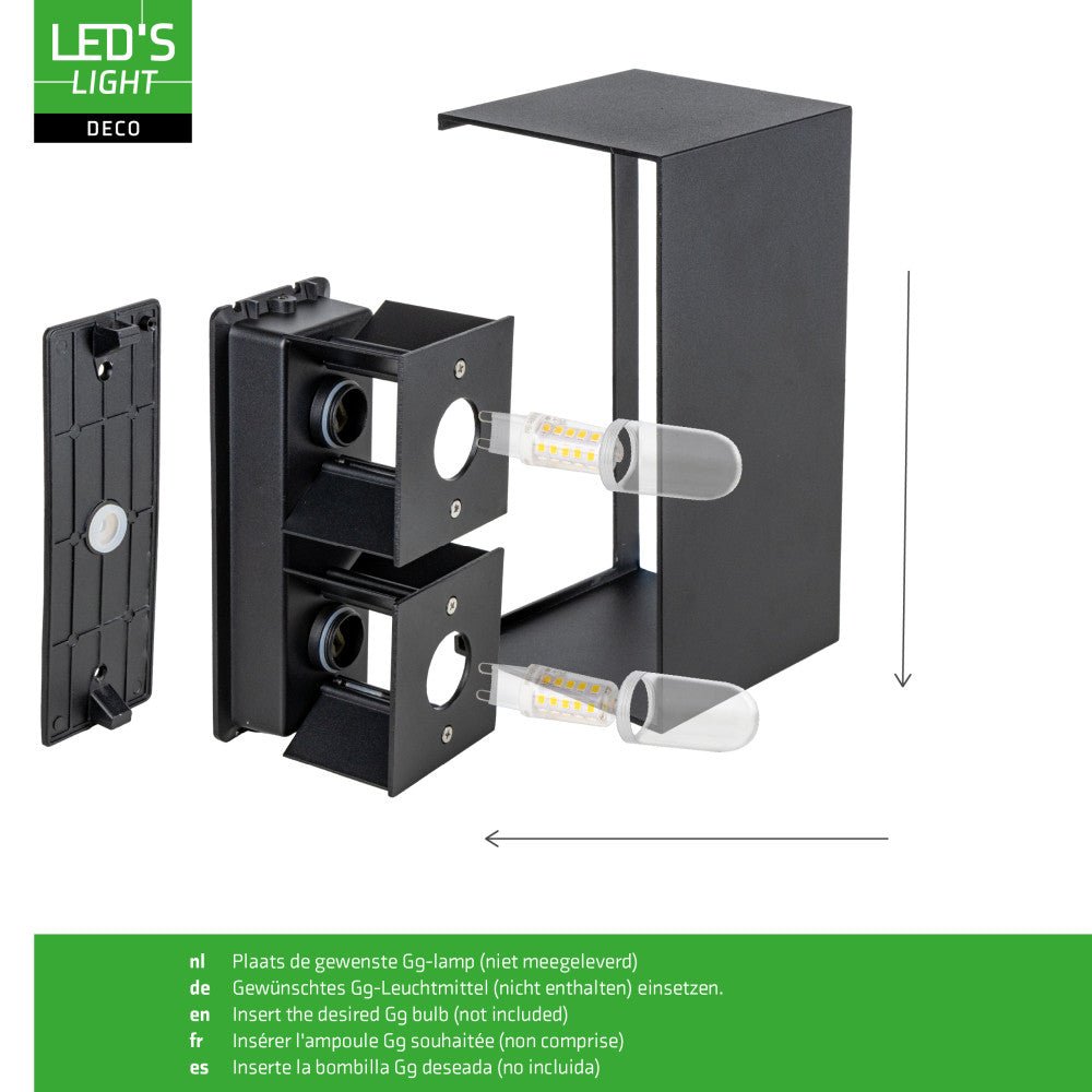 Lumo Recta Zwart - Wandarmatuur zonder lichtbron - Excl 2xG9 - IP65 Wandlampen LED.nl