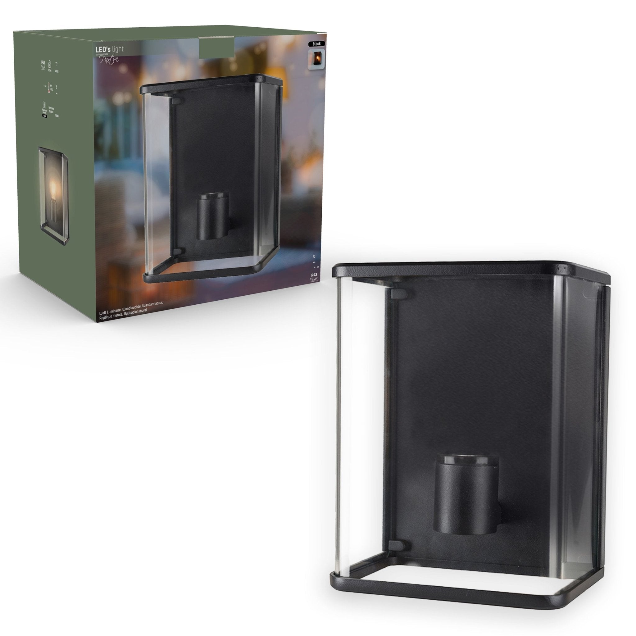 LED Wandlamp Glas - Rondom licht - Rechthoek - E27 fitting - IP44 - Zwart Wandlampen LED.nl