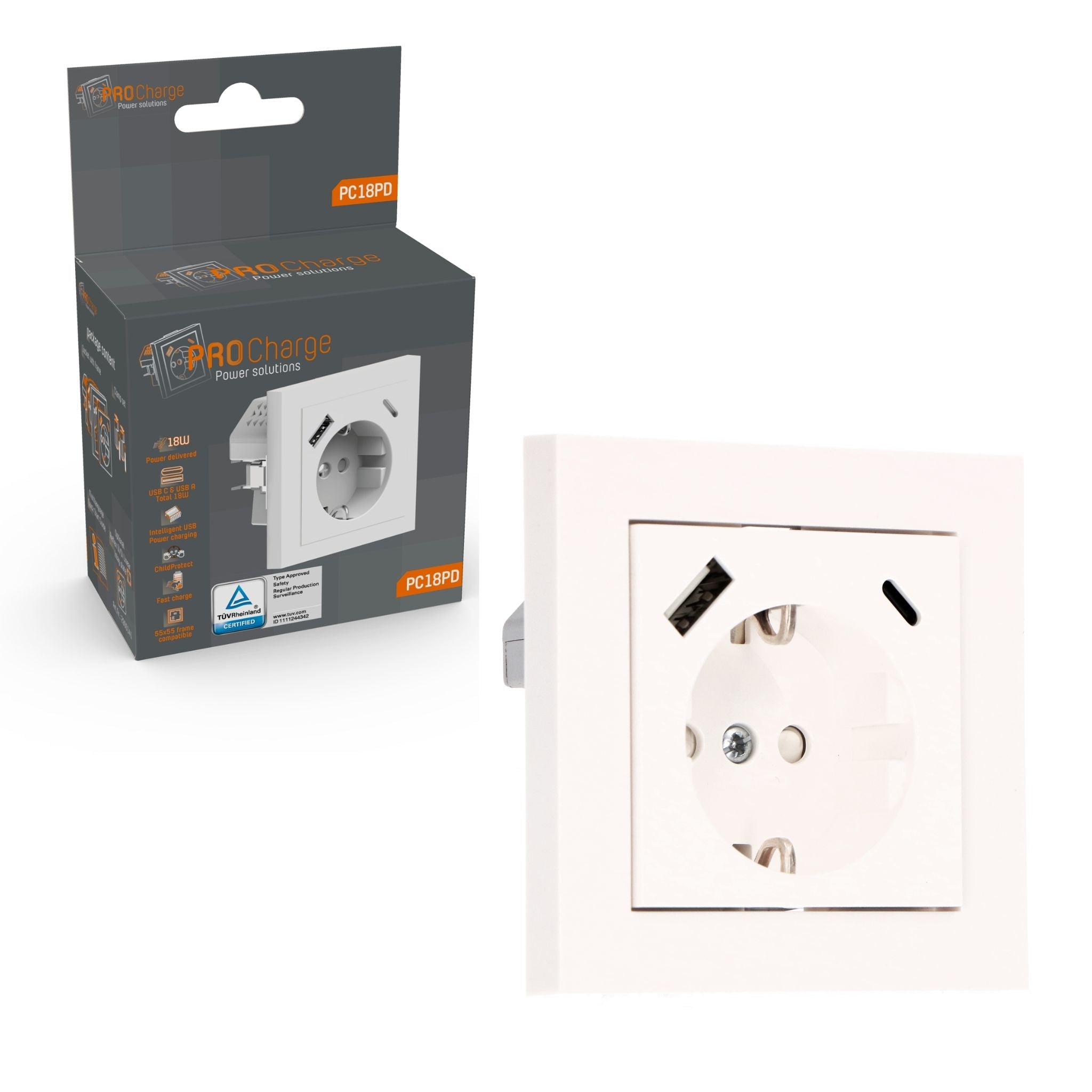 ProCharge Wandcontactdoos met USB-C en USB snelladers - Universeel - Wit - RAL9010 Stekkers LED.nl