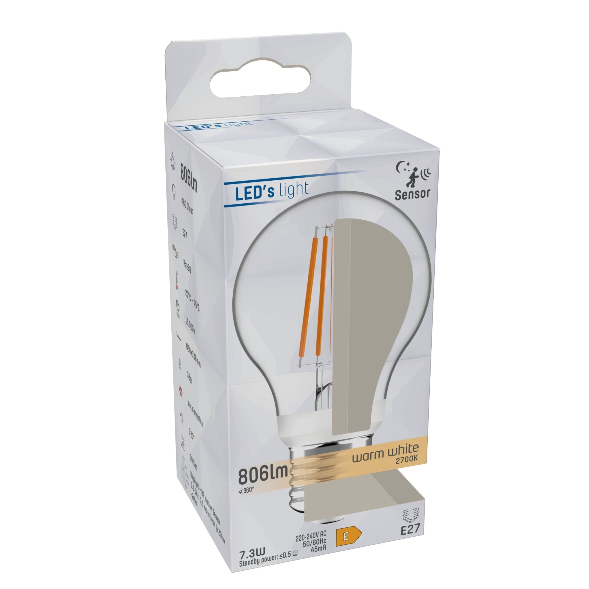 Sensor LED Lamp E27 met bewegingssensor en daglichtsensor - 3 meter bereik - Warm wit LED Filament Lampen Led.nl