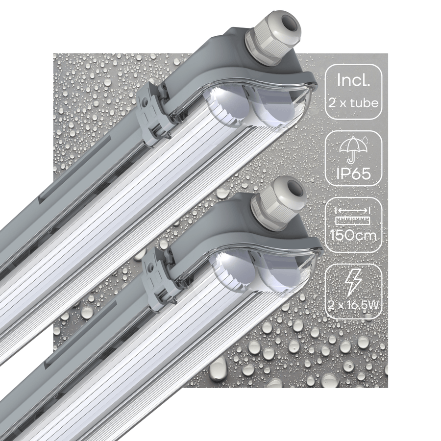 2er-Pack – Doppelte LED-Leuchtstofflampe 150 cm – inklusive LED-Röhren – für Innen und Außen – 6120 lm – 2 x 16,5 W – 4000 K – 185 lm/W – Energieeffizienzklasse B - LED.de