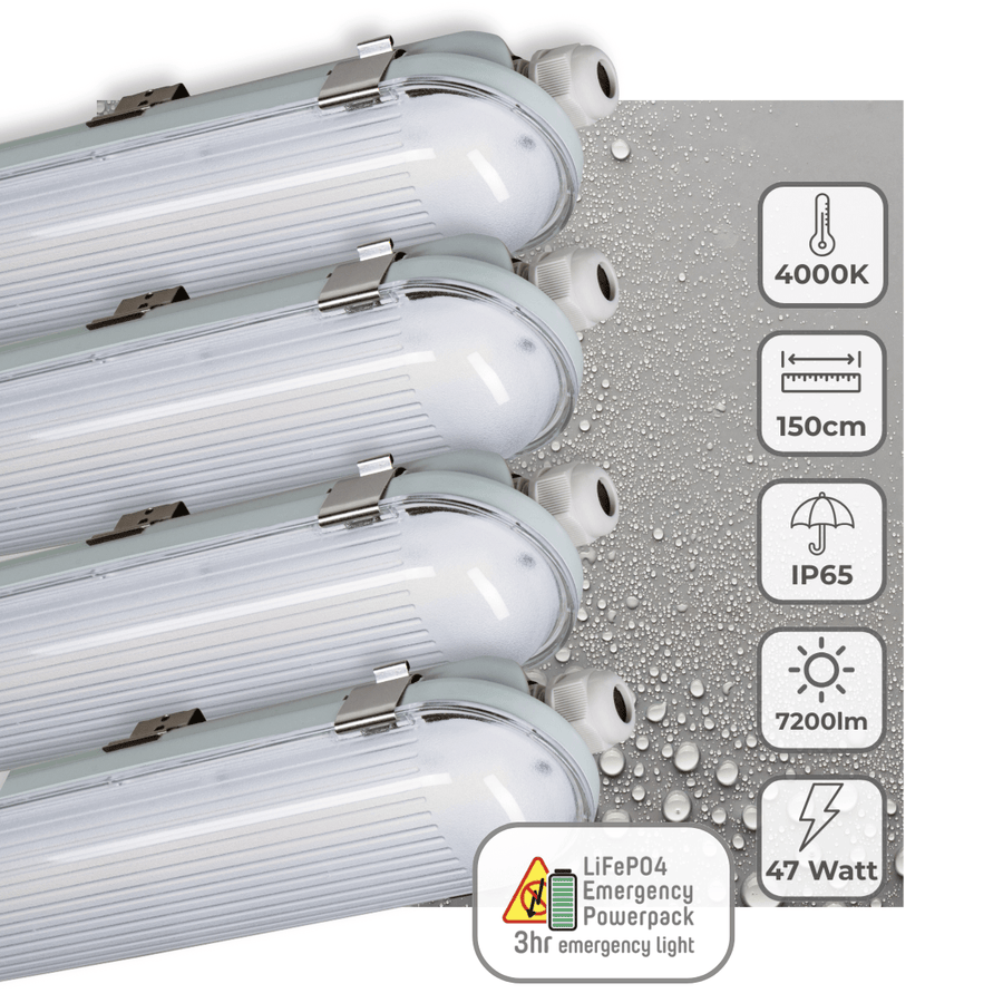 4er-PACK – LED's Light PRO Philips LED TL Leuchte 150 cm – Mit Notakku – 185 lm/W – Energielabel B – 47 W – 7200 lm – 4000 K - LED.de