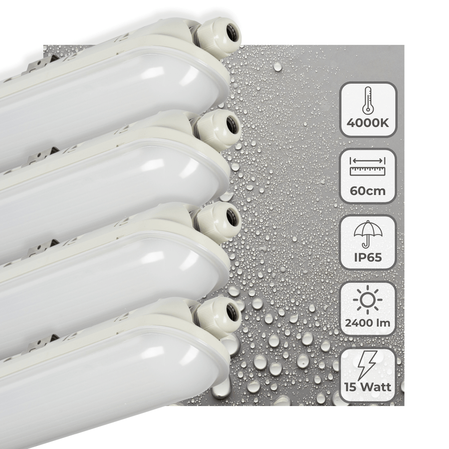 4 PACK -LED's Light Pro TL armatuur compleet 60 cm - Koppelbaar - IP65 Waterdicht - 2400 lm - 15W - 160lm/w LED.nl