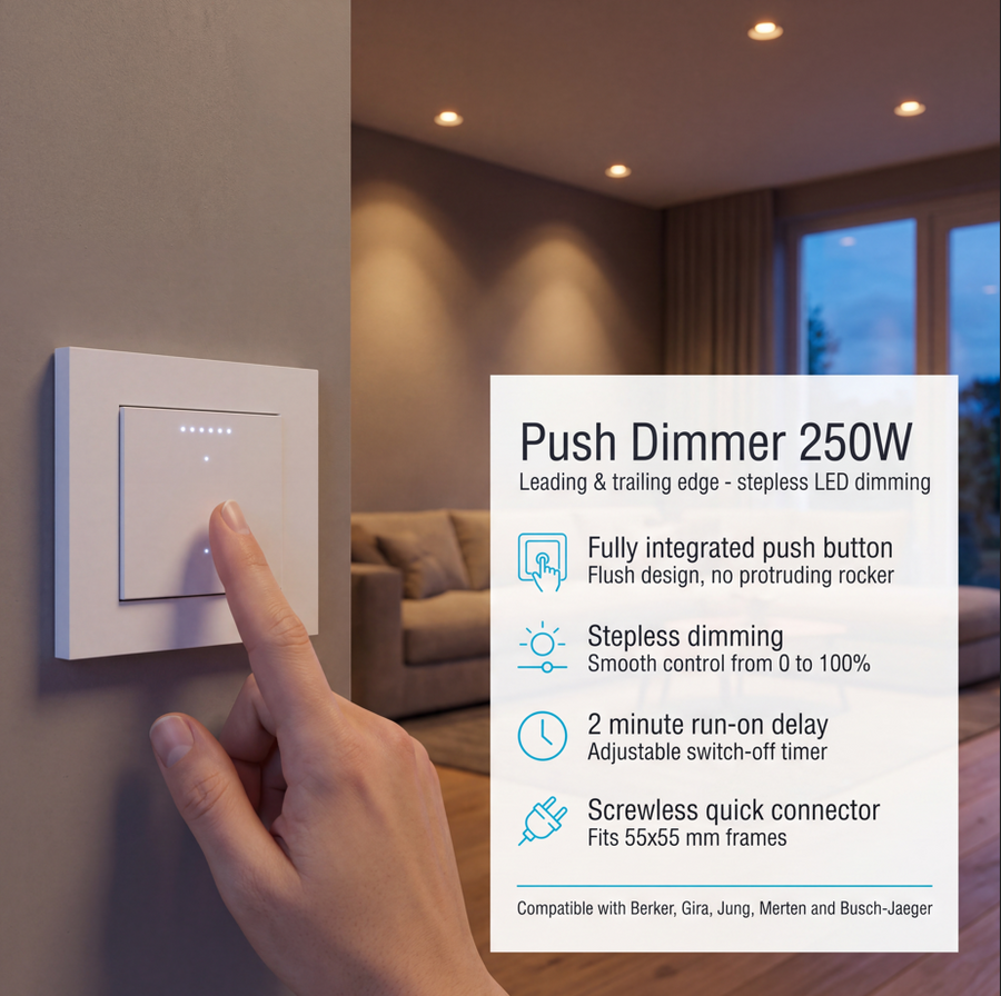 LED's Light Push dimmer met timer - 250W Fase aansijding en fase afsnijding