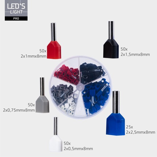 Adereindhulzen assortiment set - 5 maten van 0.5mm² tot 2.5mm² - dubbele draad hulzen - 225 Stuks - LED.nl