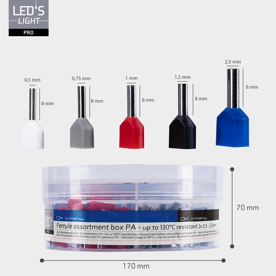 Adereindhulzen assortiment set - 5 maten van 0.5mm² tot 2.5mm² - dubbele draad hulzen - 225 Stuks - LED.nl