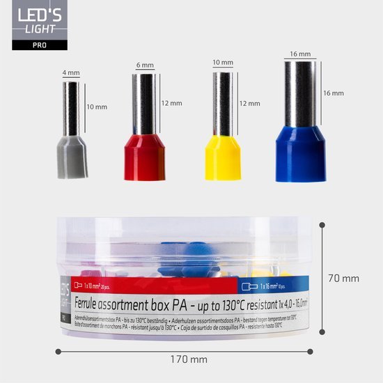 Aderendhülsen Sortiment Set - 5 Größen von 4mm² bis 16mm² - 225-teilig - LED.de