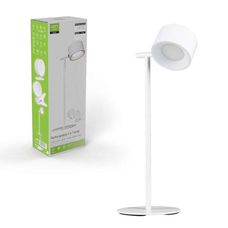 LED's Light 3-in-1 draadloze oplaadbare lamp met magnetische muurbeugel, voet en klem - Wit Tafellampen Led.nl