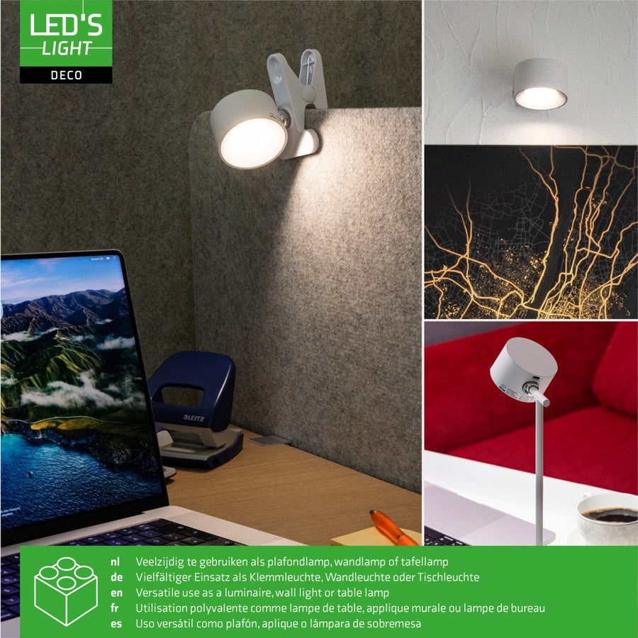 LED's Light 3-in-1 draadloze oplaadbare lamp met magnetische muurbeugel, voet en klem - Wit Tafellampen Led.nl