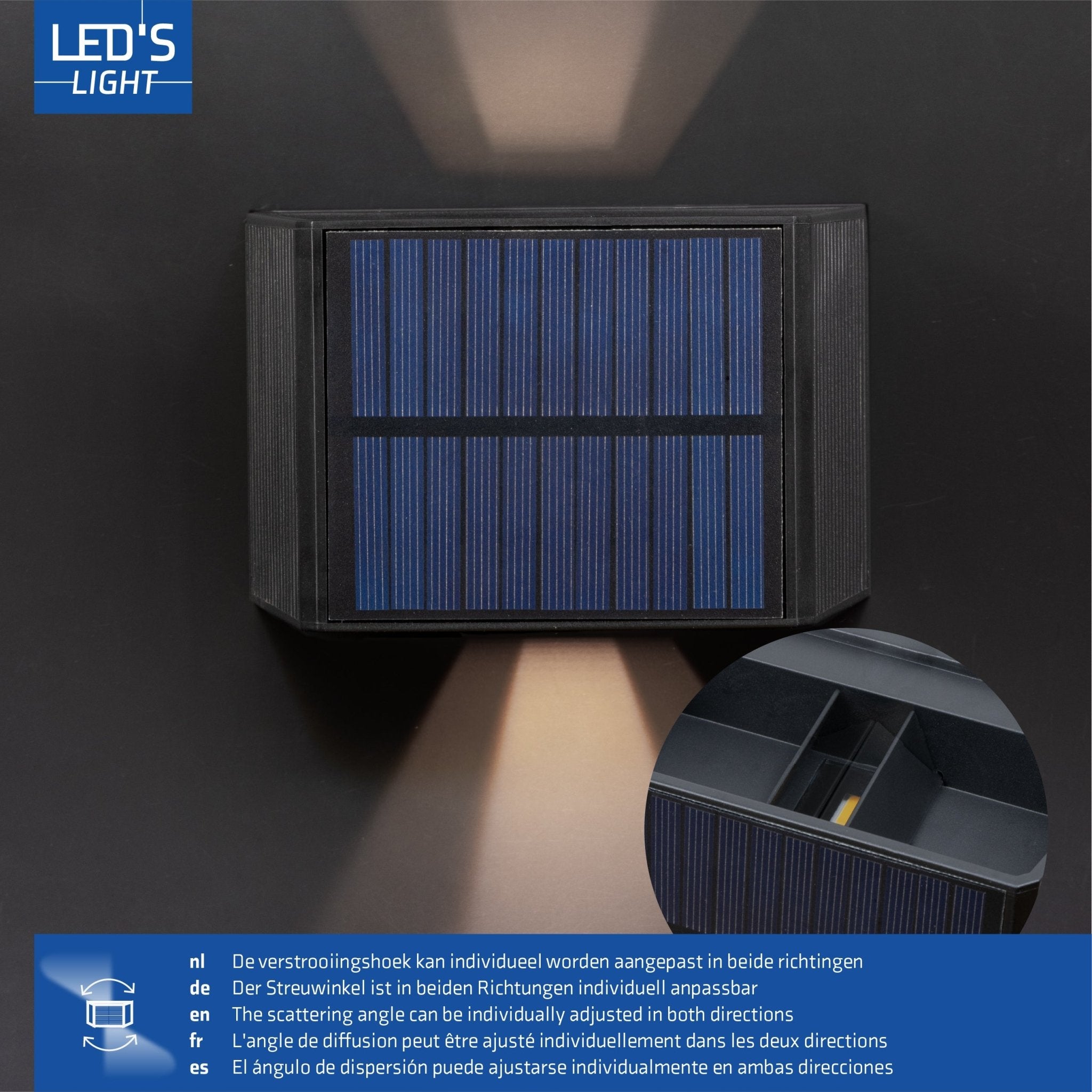 LED's Light draadloze Solar Buitenlamp met sensor - Schijnt beneden en boven - Wandlamp zonne - energie - Zwart - LED.nl
