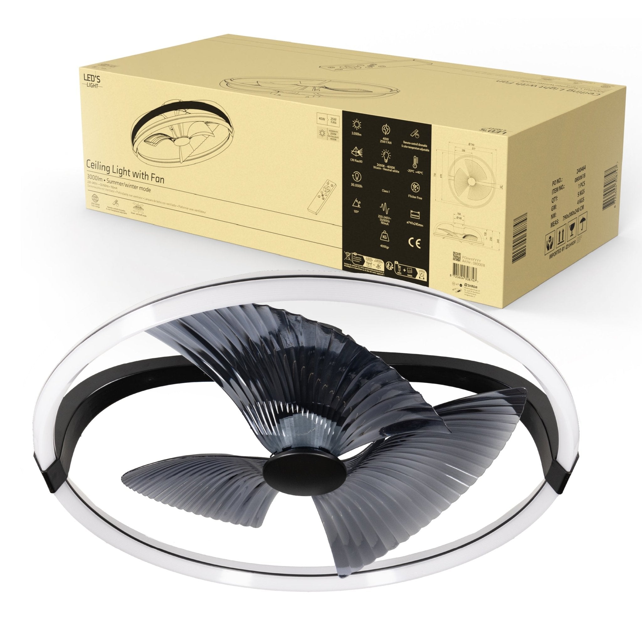 LED's Light Plafondventilator XL 74 cm - Bedienbaar met afstandsbediening - Zwart - LED.nl