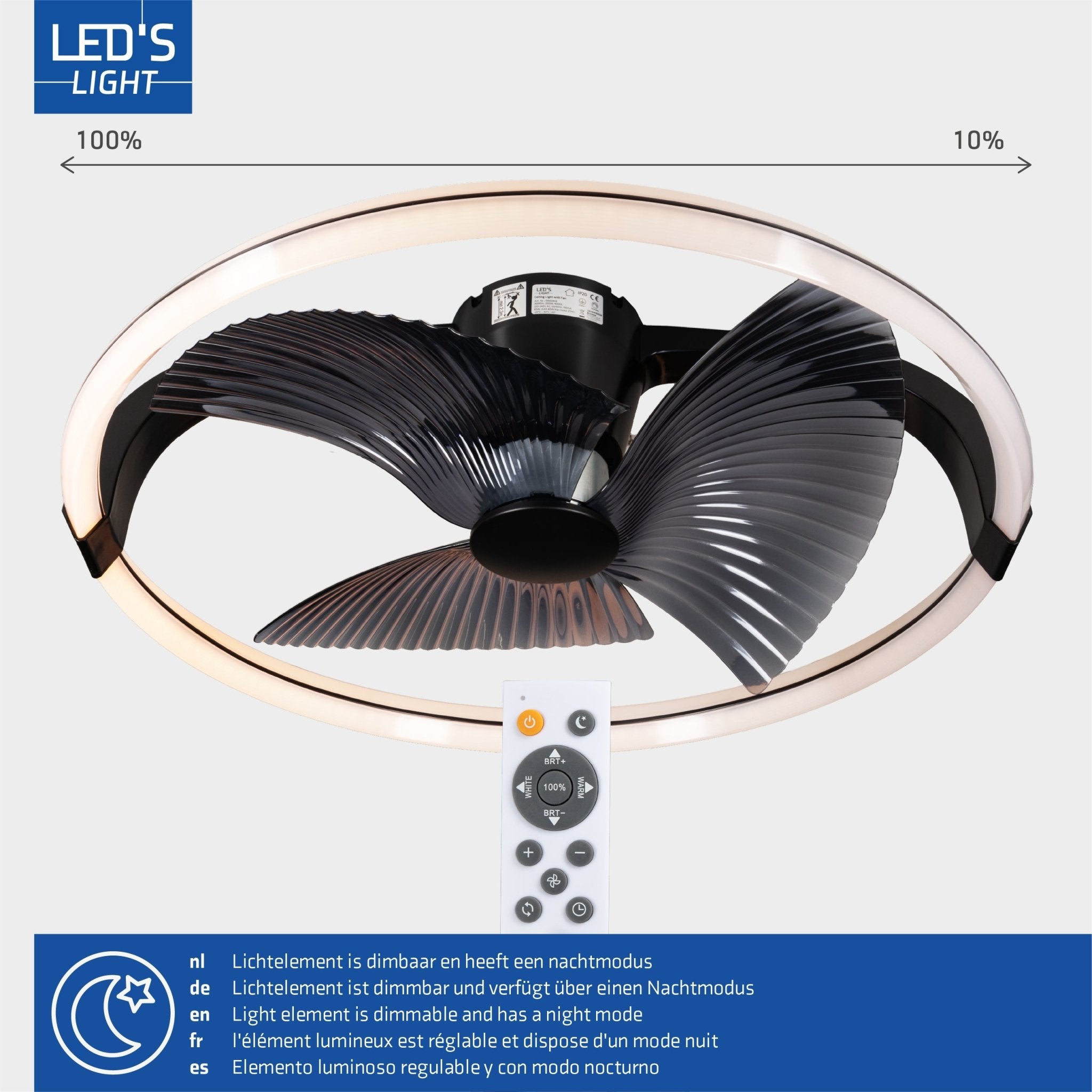 LED's Light Plafondventilator XL 74 cm - Bedienbaar met afstandsbediening - Zwart - LED.nl