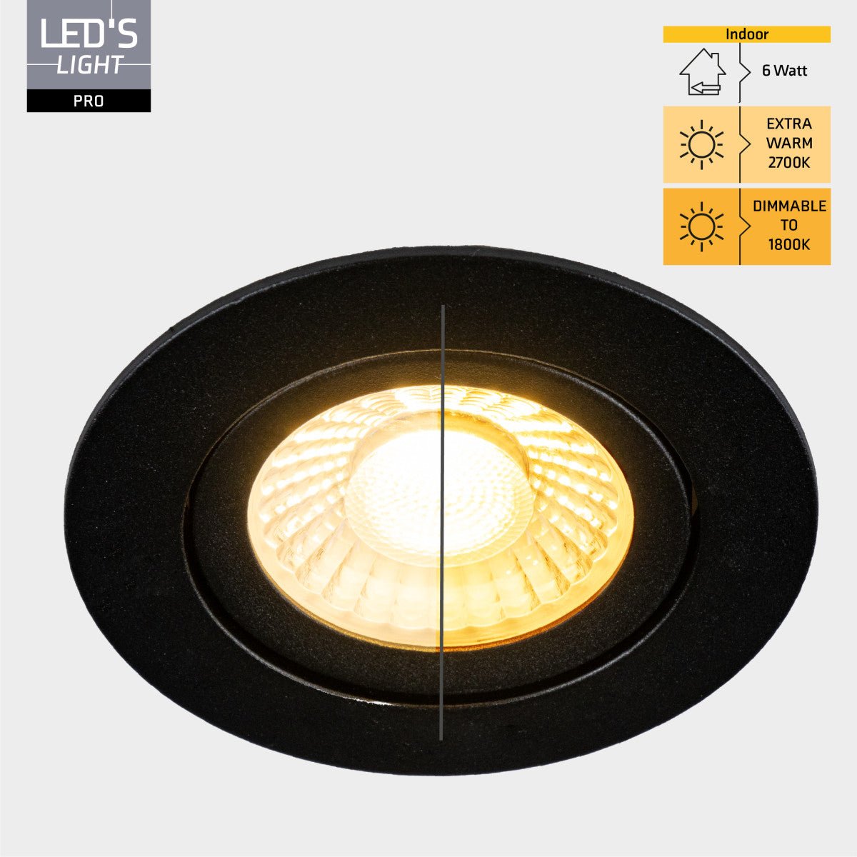 LED's Light PRO - 6 PACK - downlight inbouwspot Ø 68mm - Kantelbaar - Spatwaterdicht - Dim to Warm - Zwart LED.nl