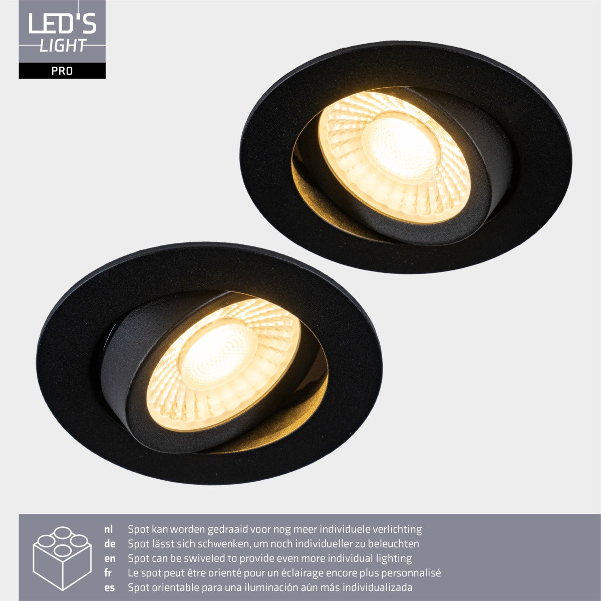 LED's Light PRO - 6 PACK - downlight inbouwspot Ø 68mm - Kantelbaar - Spatwaterdicht - Dim to Warm - Zwart LED.nl
