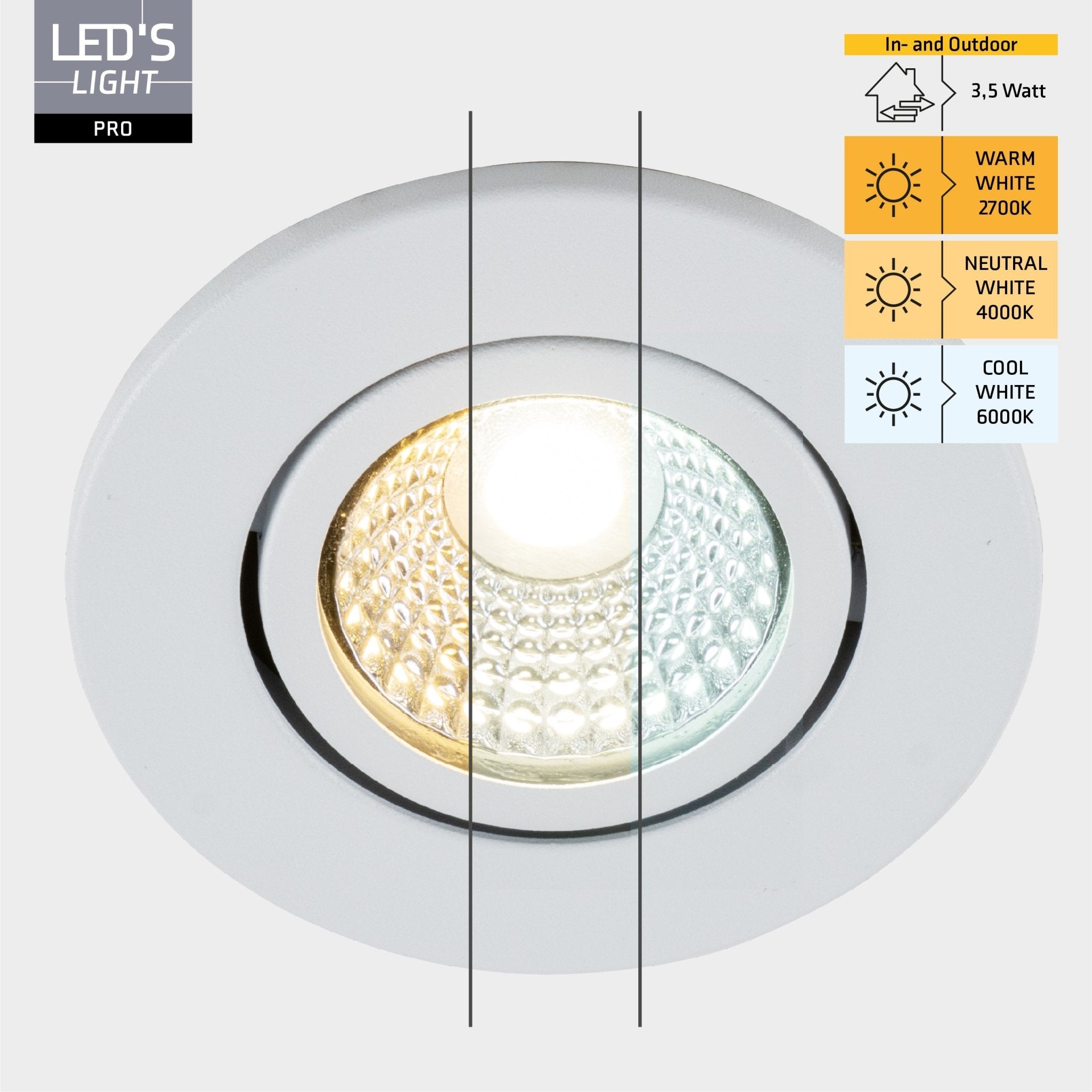 LED's Light PRO Inbouwspot 68 mm - Indoor & Outdoor - 3 lichtkleuren - Dimbaar licht - Wit - LED.nl