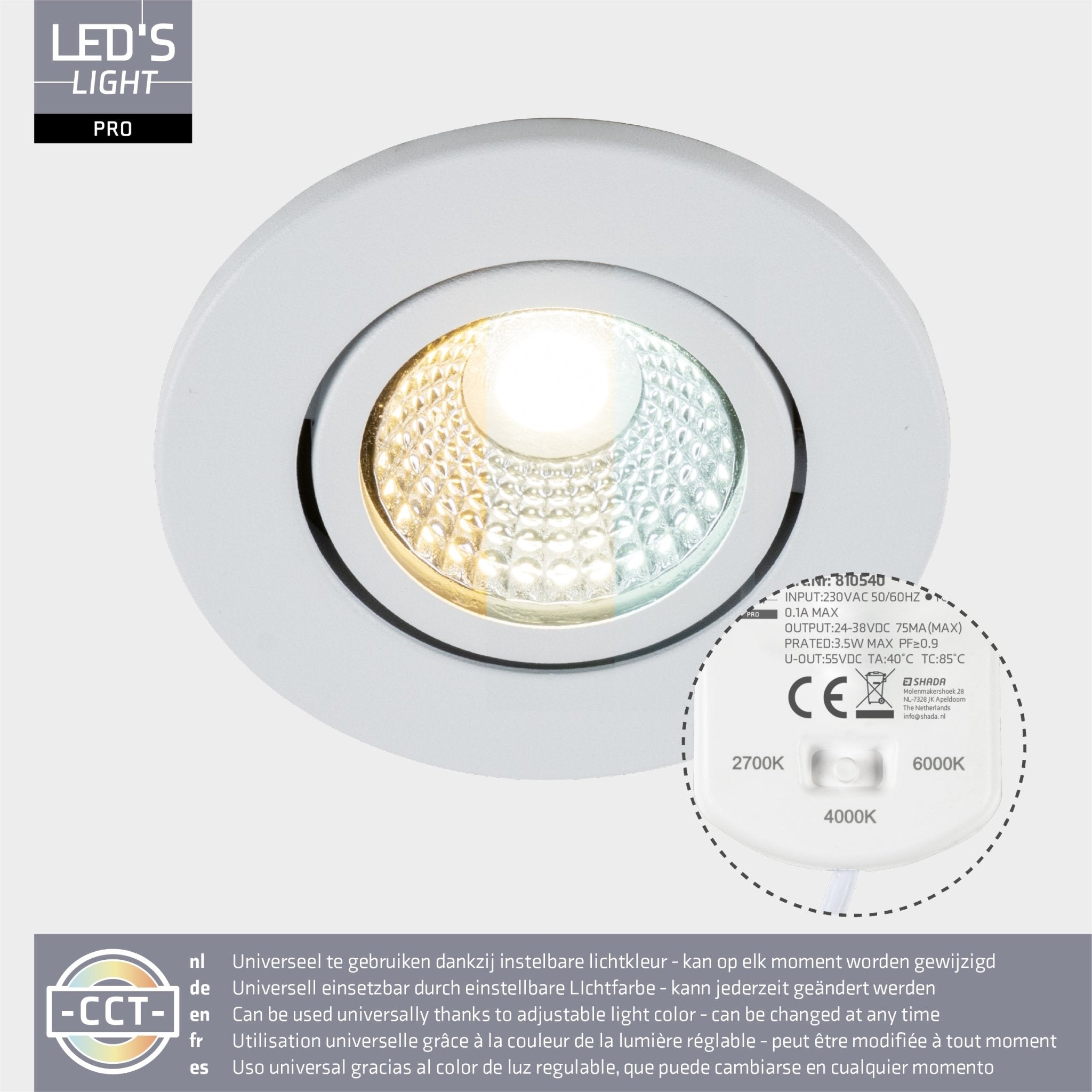 LED's Light PRO Inbouwspot 68 mm - Indoor & Outdoor - 3 lichtkleuren - Dimbaar licht - Wit - LED.nl