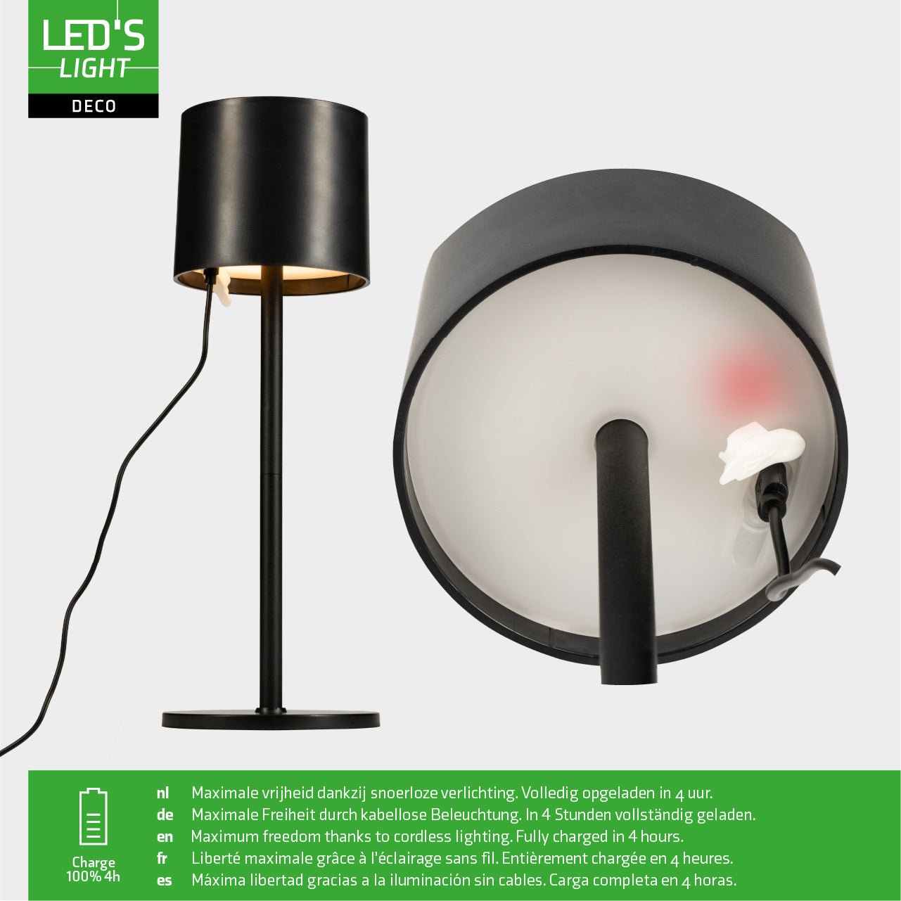 LED's Light Tafellamp op accu - oplaadbaar en draadloos - voor binnen en buiten - 3 kleuren - Zwart - LED.nl