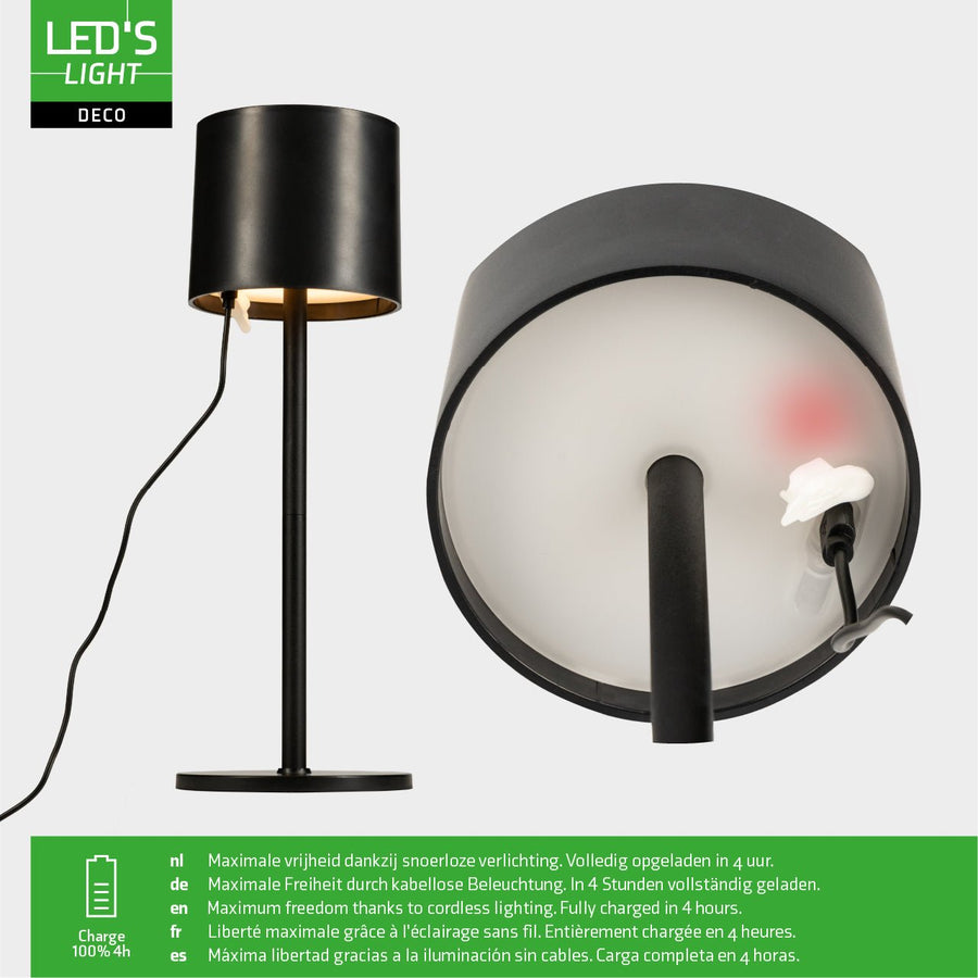 LED's Light Tafellamp op accu - oplaadbaar en draadloos - voor binnen en buiten - 3 kleuren - Zwart Tafellampenen LED.nl
