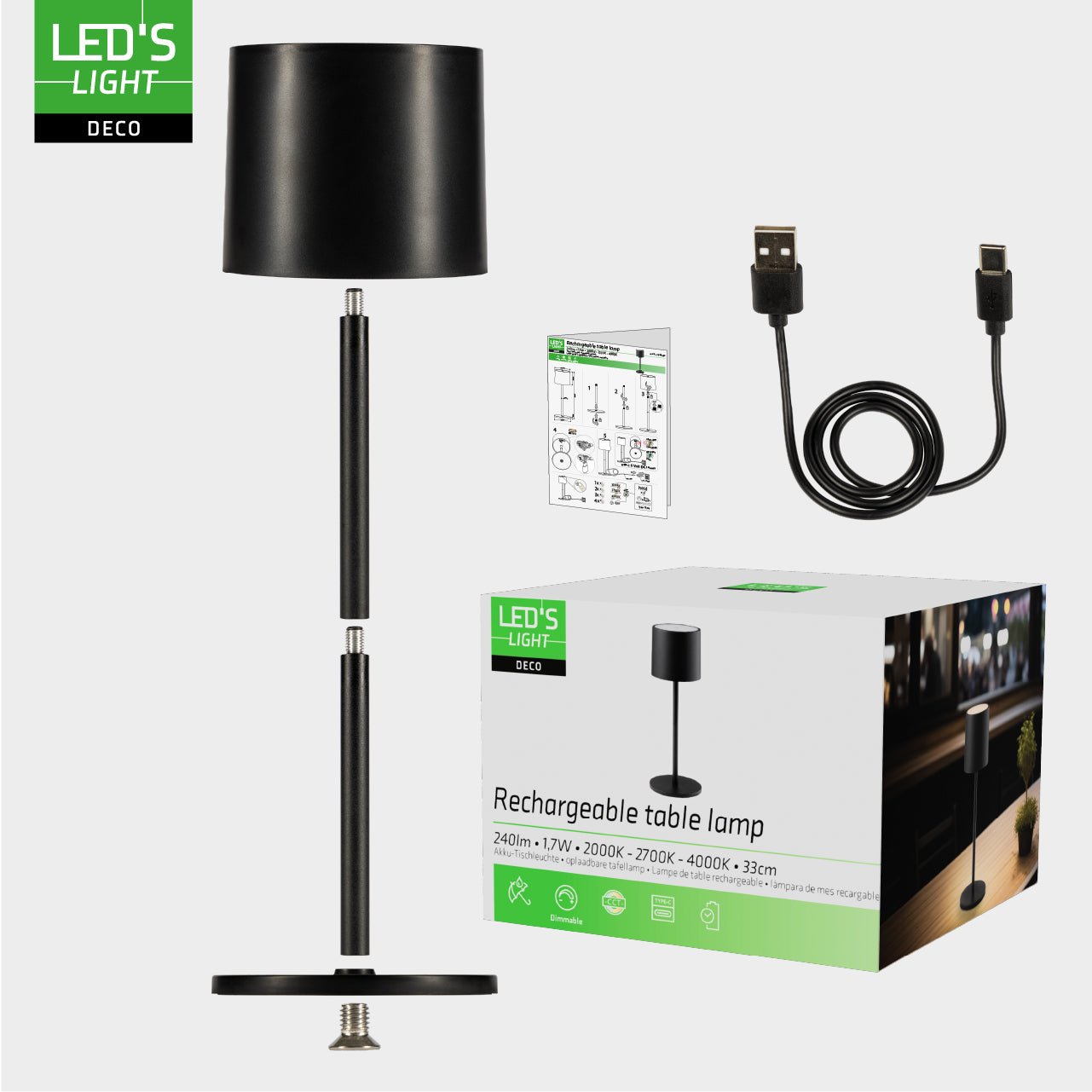 LED's Light Tafellamp op accu - oplaadbaar en draadloos - voor binnen en buiten - 3 kleuren - Zwart - LED.nl