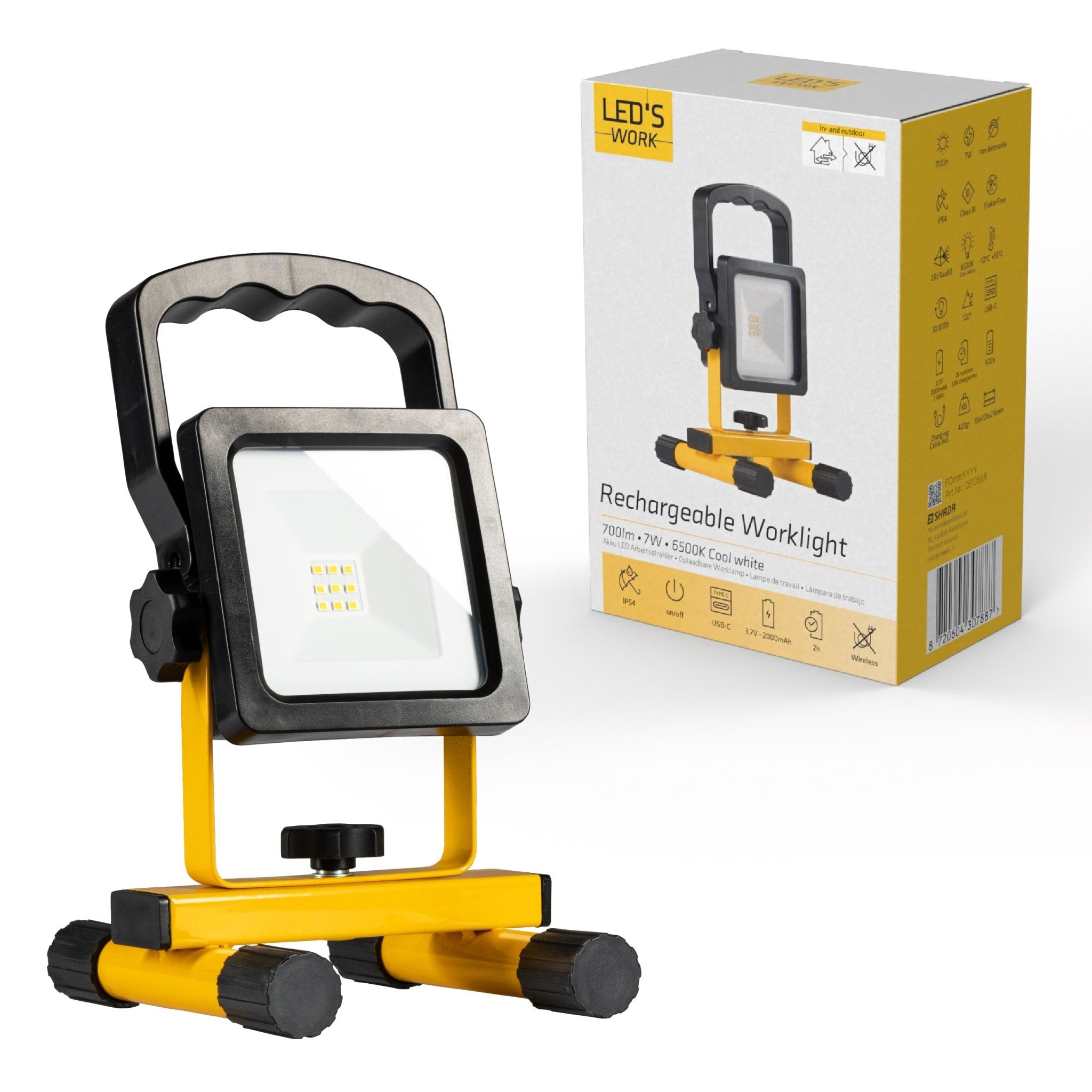 LED's Work draadloze LED Bouwlamp op accu 700 - Oplaadbaar en kantelbaar - Zwart geel - LED.nl