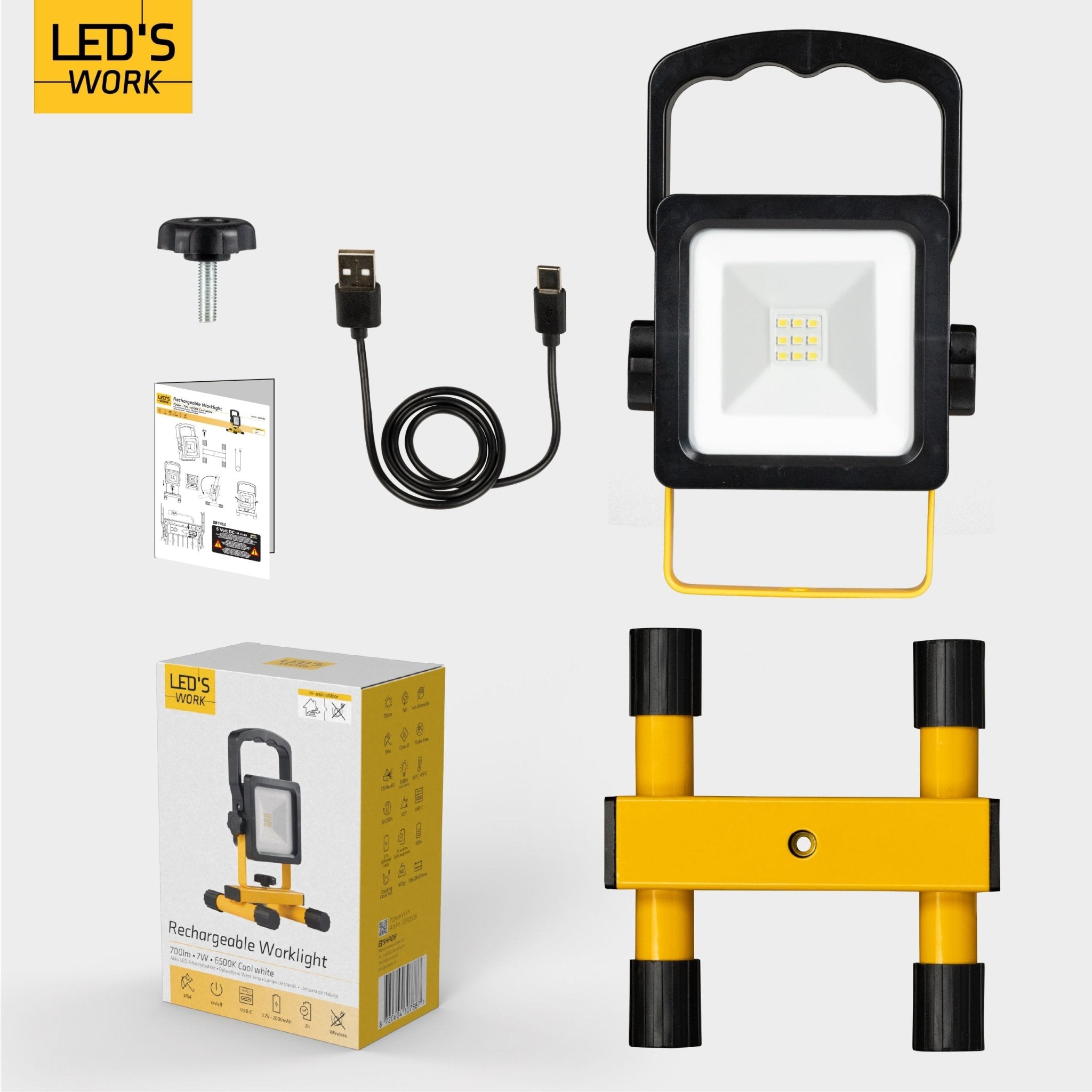 LED's Work draadloze LED Bouwlamp op accu 700 - Oplaadbaar en kantelbaar - Zwart geel - LED.nl