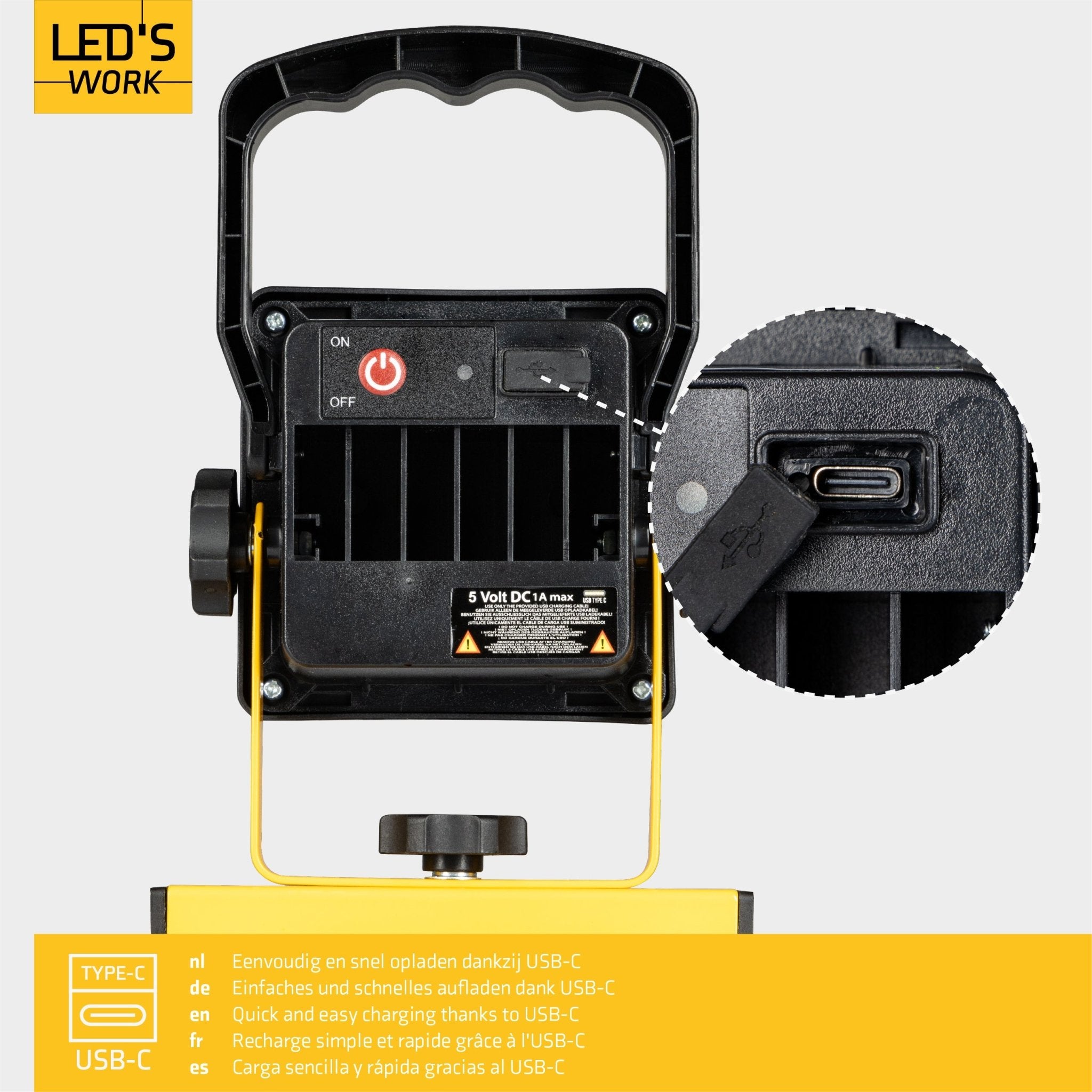 LED's Work draadloze LED Bouwlamp op accu 700 - Oplaadbaar en kantelbaar - Zwart geel - LED.nl
