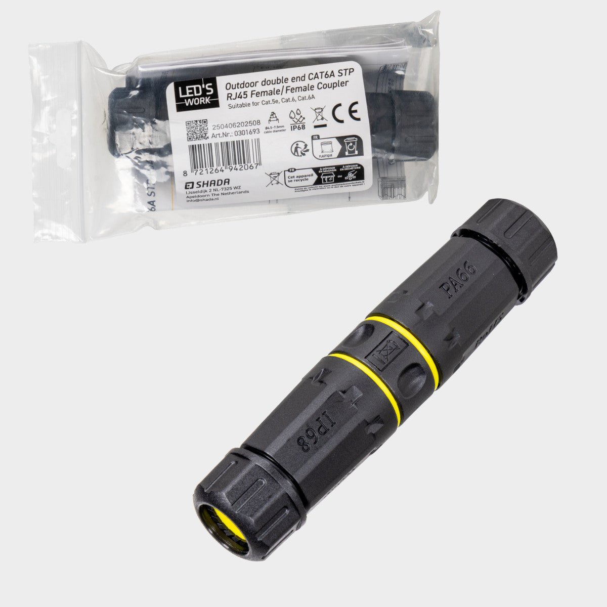 LED's Work Ethernet connector RJ45-connector I-vorm – CAT6A – Ø4,5–7,5 mm kabel – IP68 Kabelverbinders LED.nl