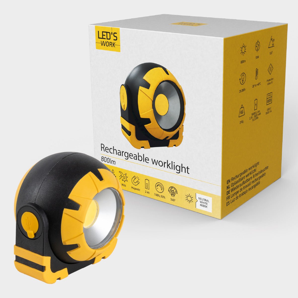 LED's Work Oplaadbare LED Looplamp - Werkt draadloos op accu - 10 x 10 cm - LED.nl