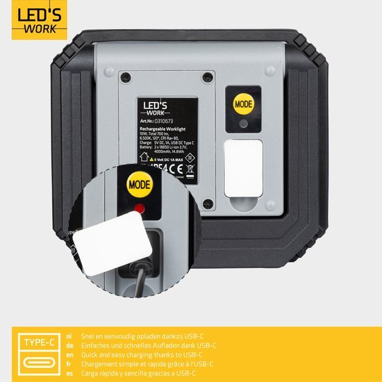 LED's Work Rechargeable LED work light with battery 700 - Wireless and portable - 10W - LED.nl