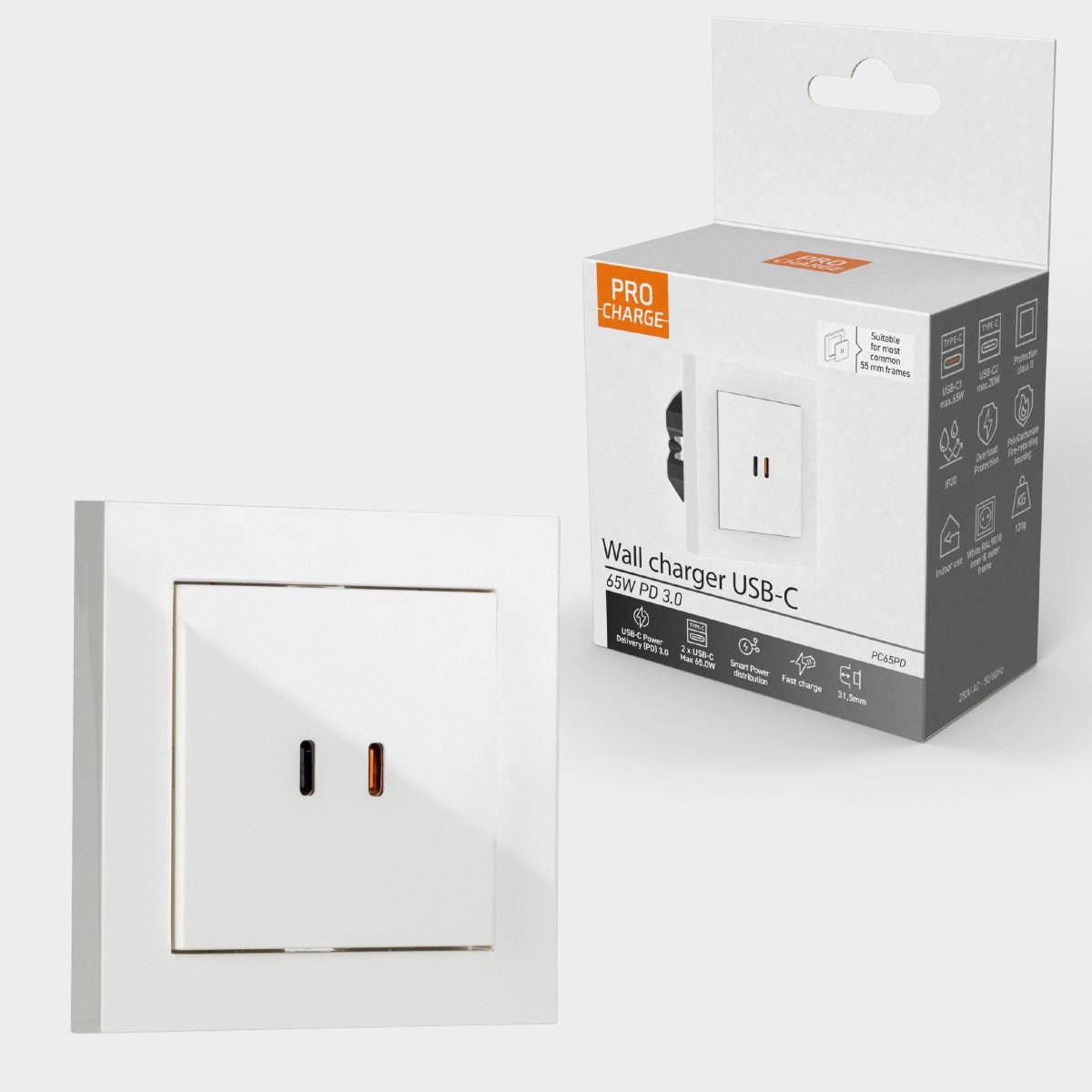 ProCharge USB-C inbouw wandcontactdoos stopcontact duo - 2 snelladers USB-C poorten - Universeel - Wit Stekkers LED.nl