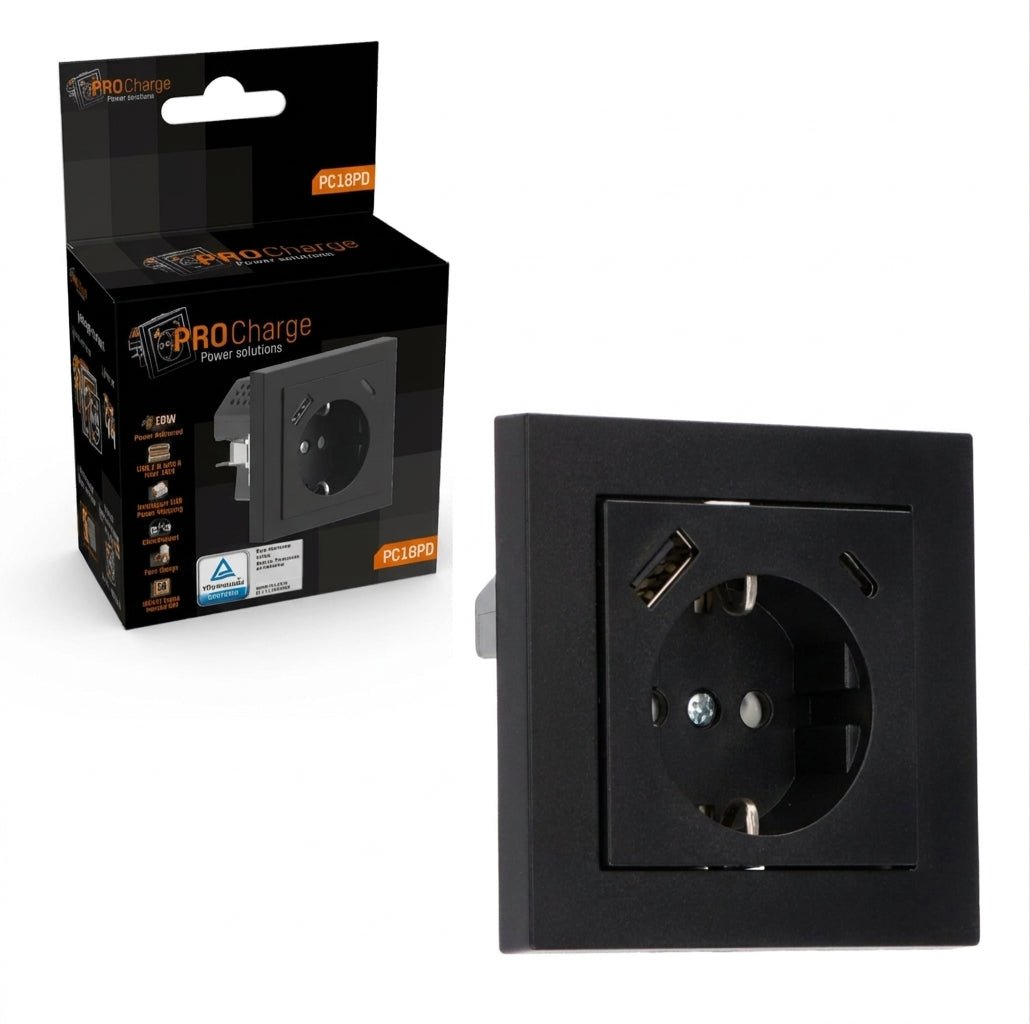 ProCharge Wandcontactdoos met USB-C en USB snelladers - Universeel - Zwart Stekkers LED.nl
