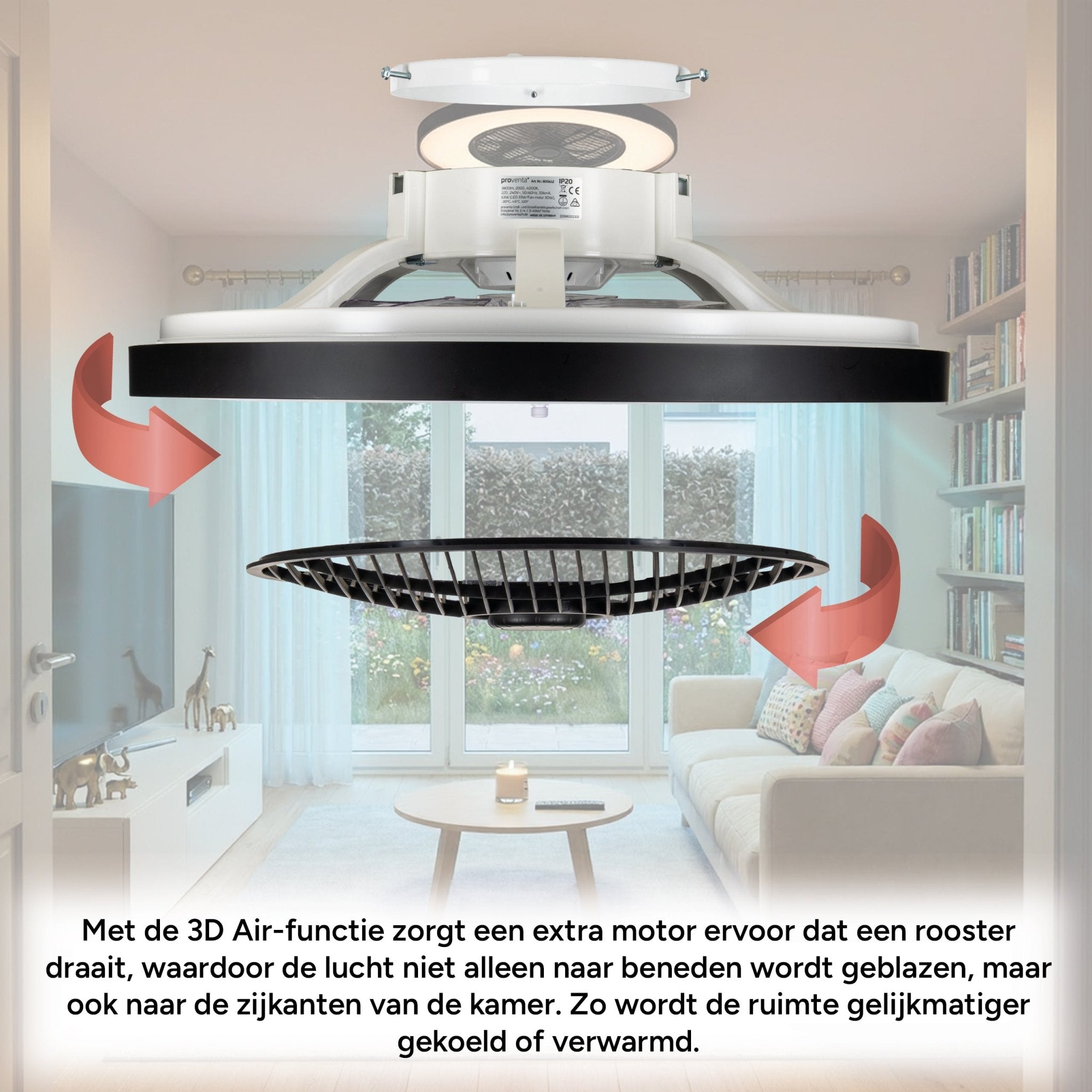 Proventa 3D Air Plafondlamp met Ventilator 60cm - Full room luchtcirculatie - Zomer & Winterstand – Licht en kleurtemperatuur instelbaar Plafondventilatoren LED.nl