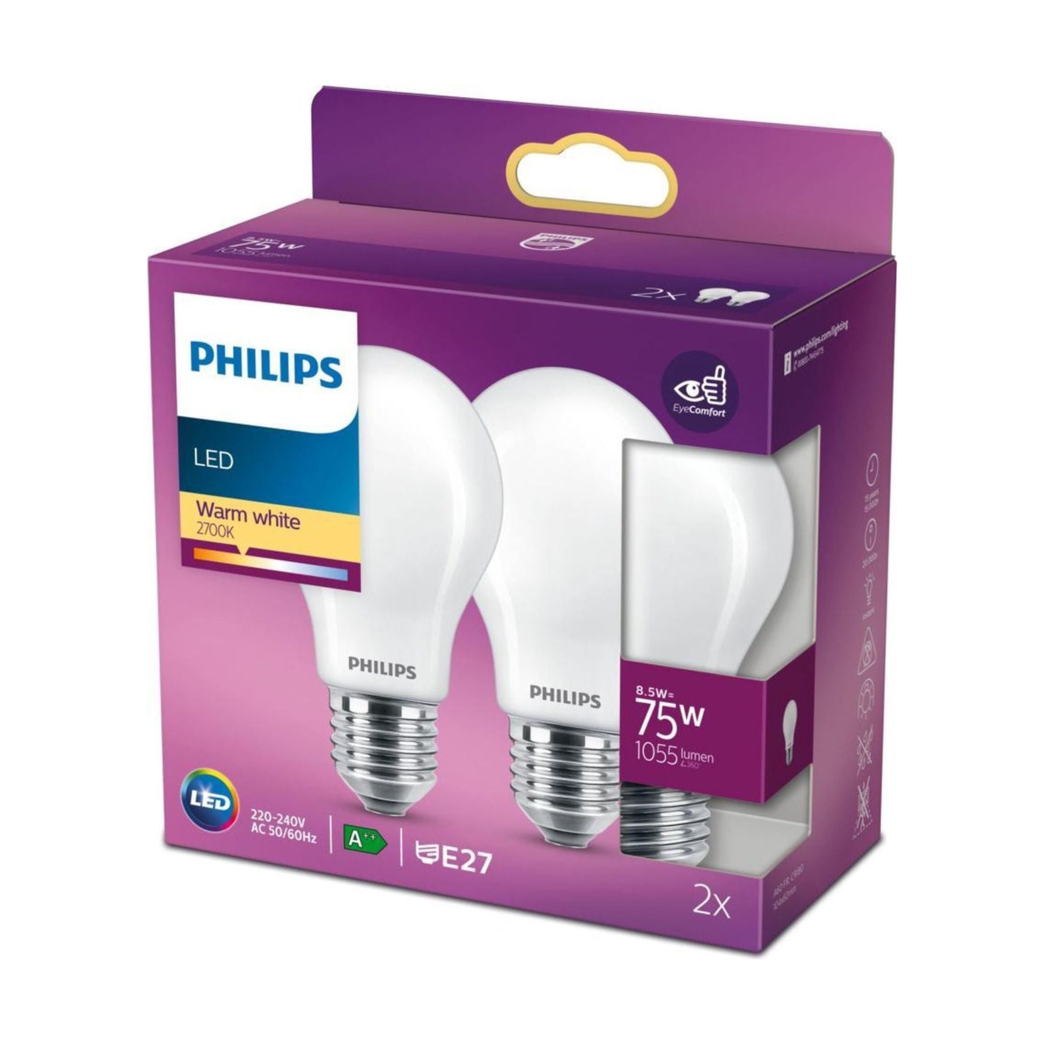 2-pack Philips LED Lampen E27 - Mat - Warm wit - 8.5W vervangt 75W - LED.nl