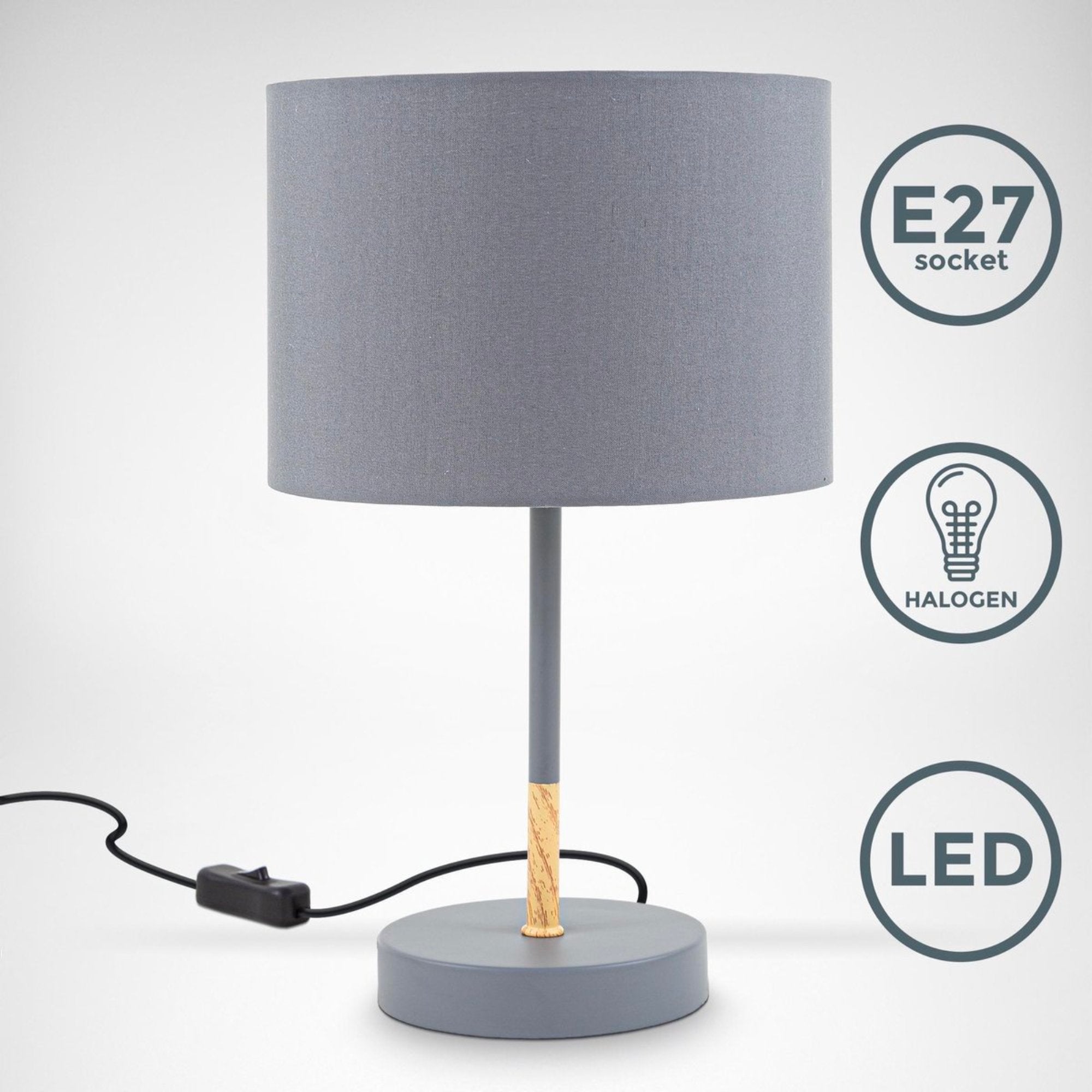 B.K.Licht - Grijze tafellamp - Metaal & stof - Met kap - Scandinavische bedlamp - Slaapkamer lamp - E27 fitting - Excl. lichtbron - LED.nl