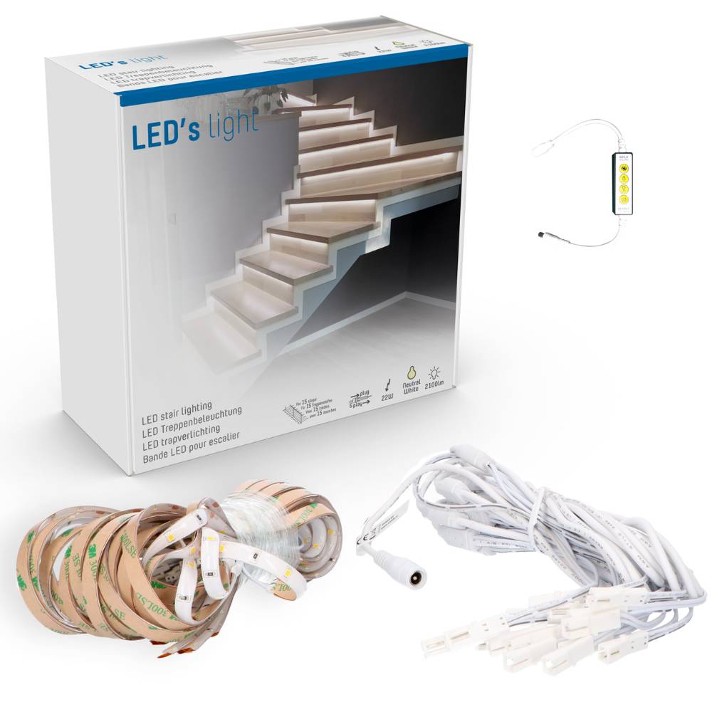 Complete LED Trapverlichting set - 15 treden x 80 cm - Lengte aanpasbaar - Koud wit licht - LED.nl