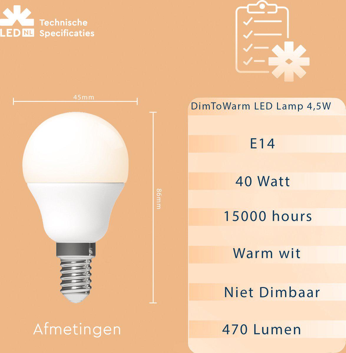 DimToWarm LED Lamp E14 - Mat - Dimbaar naar extra warm wit - 4.5W (40W) - G45 Kogel - LED.nl
