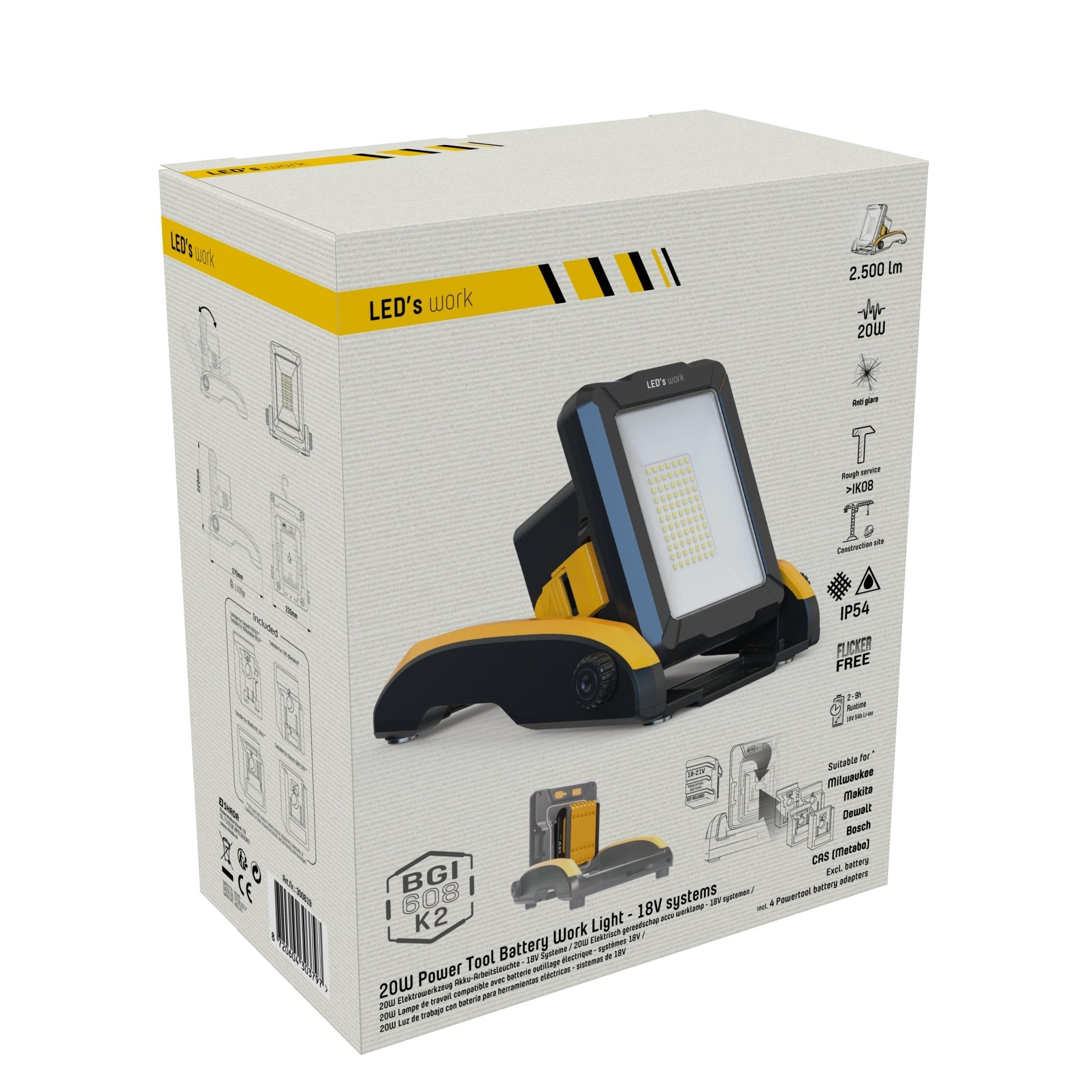 Draadloze LED bouwlamp – Werkt op accu van Makita, Bosch, Dewalt, Milwaukee, Metabo – IP54 - LED.nl