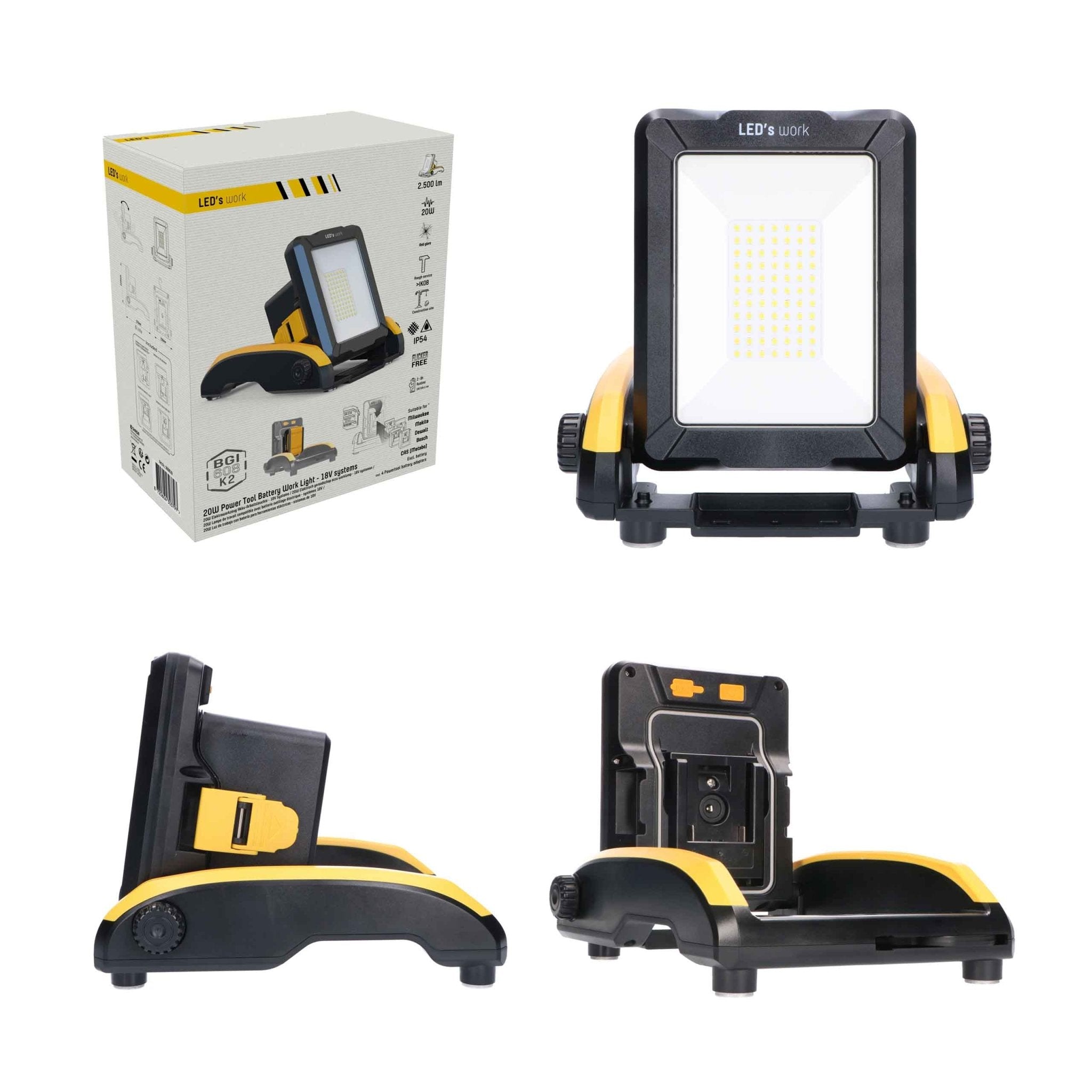 Draadloze LED bouwlamp – Werkt op accu van Makita, Bosch, Dewalt, Milwaukee, Metabo – IP54 - LED.nl