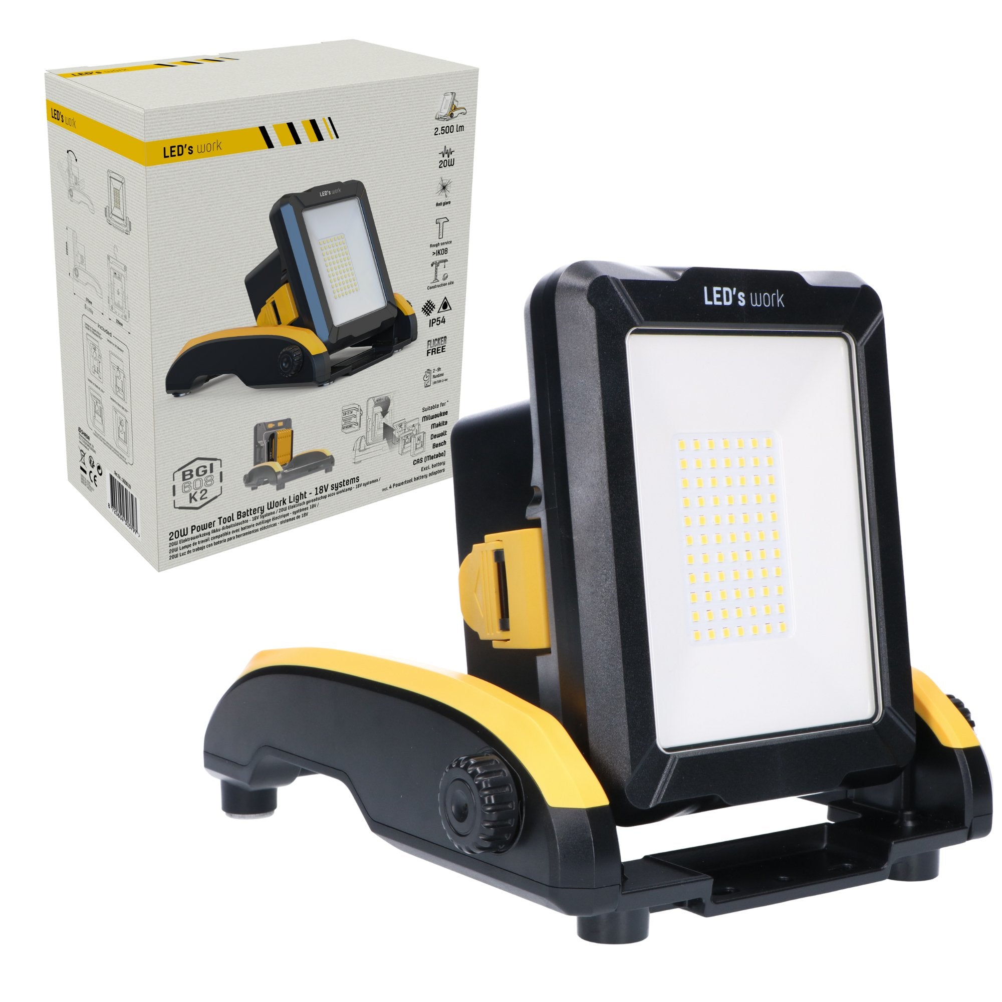 Draadloze LED bouwlamp – Werkt op accu van Makita, Bosch, Dewalt, Milwaukee, Metabo – IP54 - LED.nl