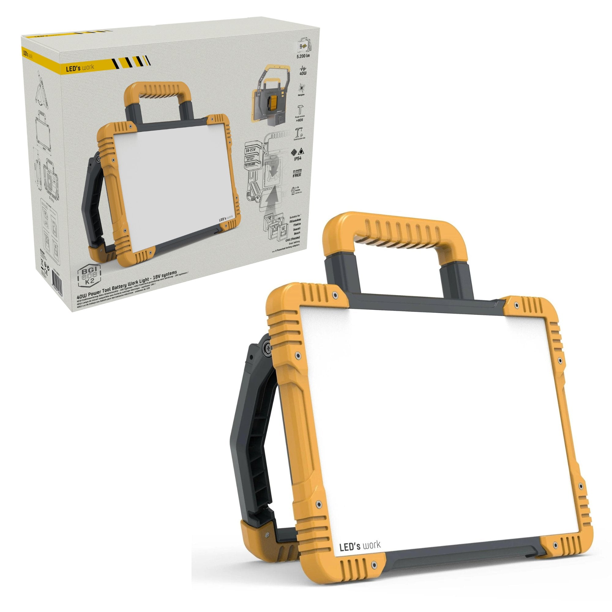 Draadloze LED bouwlamp – Werkt op accu’s van Bosch, Makita, DeWalt, Milwaukee en CAS (Metabo) – 5200 lumen – IP54 - LED.nl