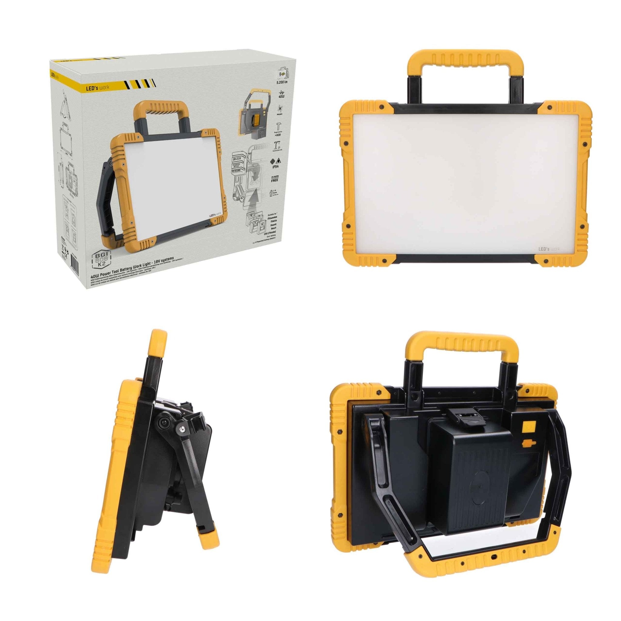 LED's work 0300819 LED Construction Light for 18 V Tool Battery, 20 W, Cool White, IK08, IP54