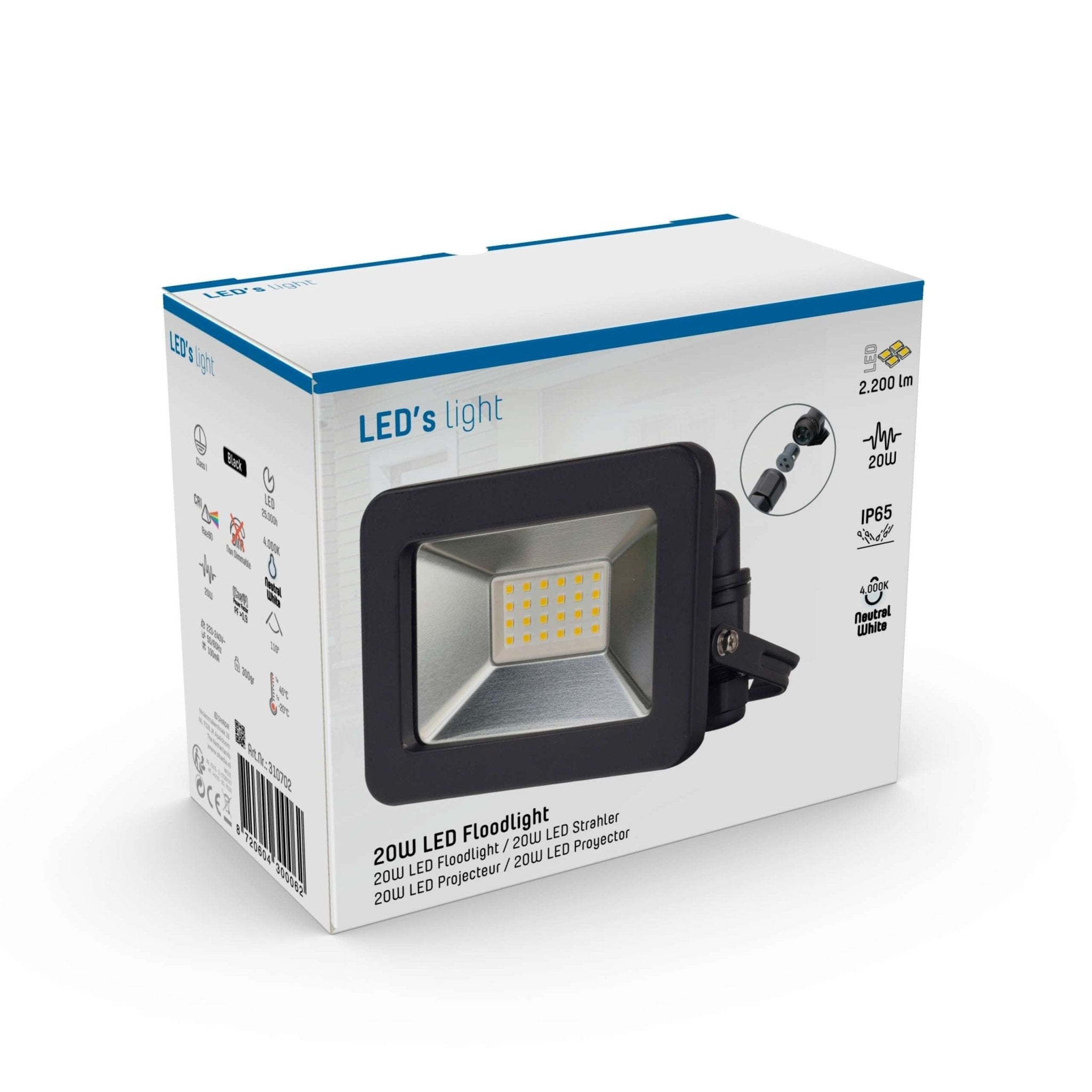 FastFix LED Schijnwerper 20W - IP65 - voor binnen en buiten - 2200 lm - Zwart - LED.nl