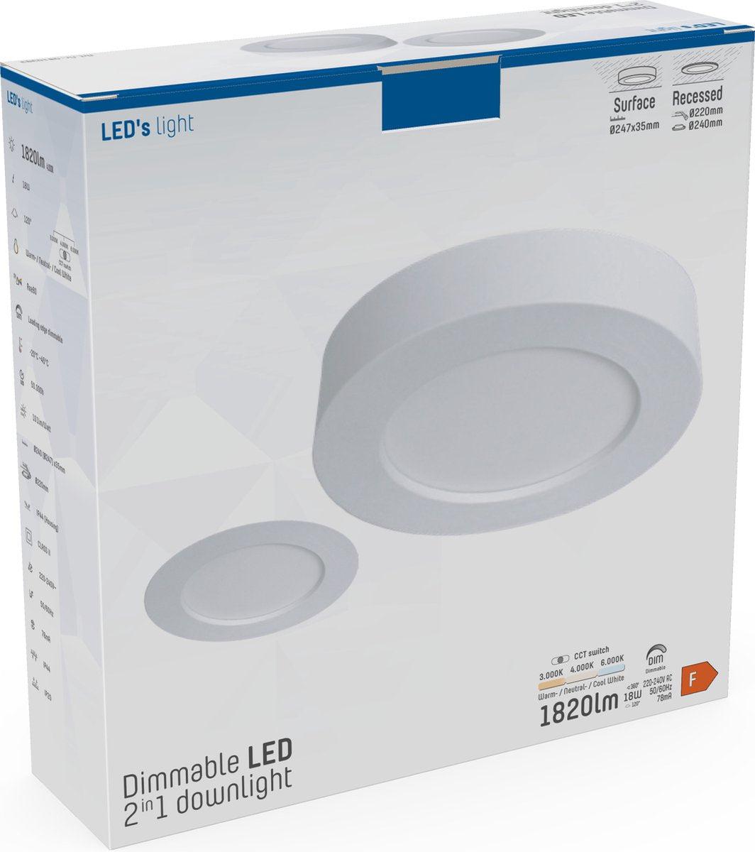 Inbouw/Opbouw LED Plafondlamp CCT Ø 22 cm rond - Dimbaar - warm en koud wit - LED.nl