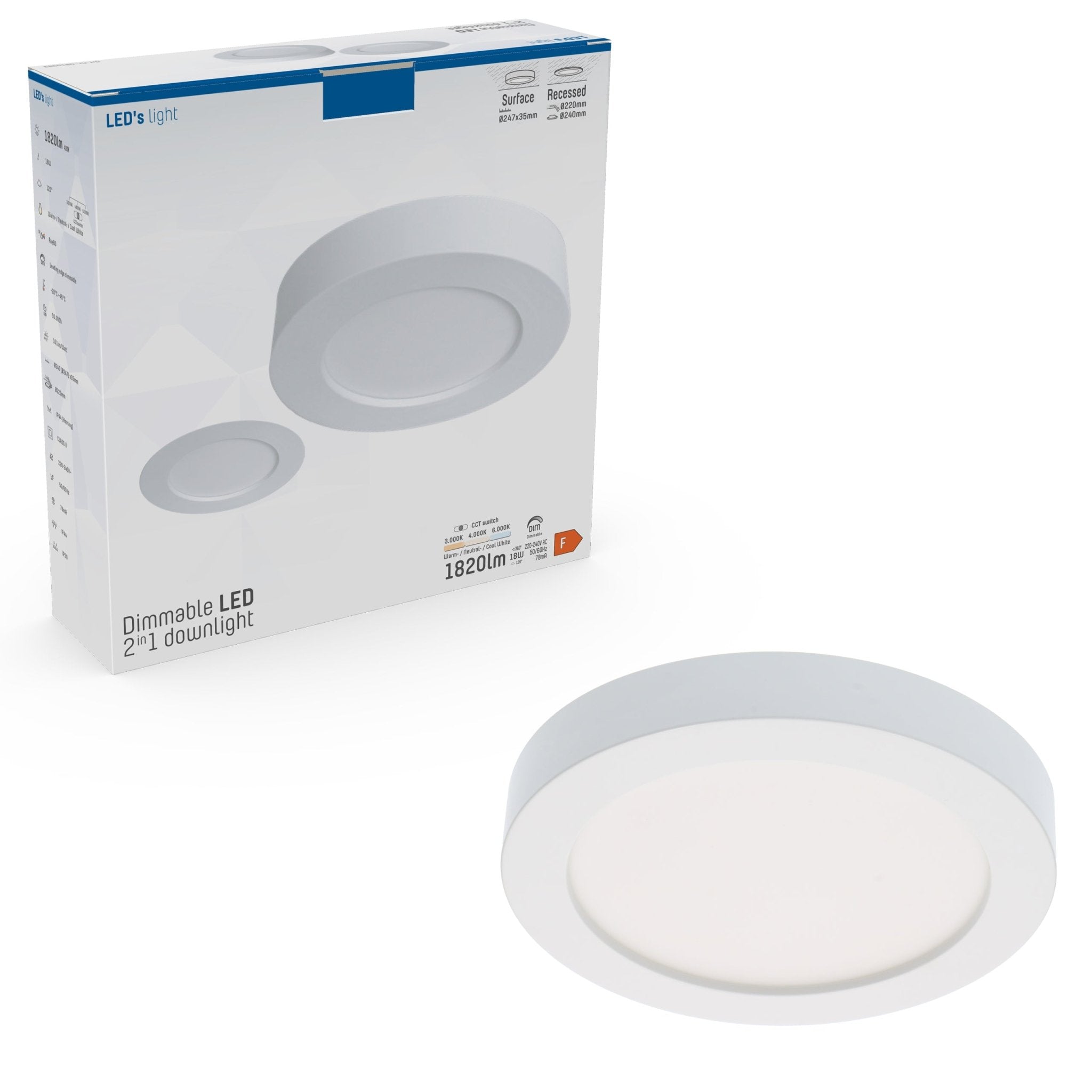 Inbouw/Opbouw LED Plafondlamp CCT Ø 22 cm rond - Dimbaar - warm en koud wit - LED.nl
